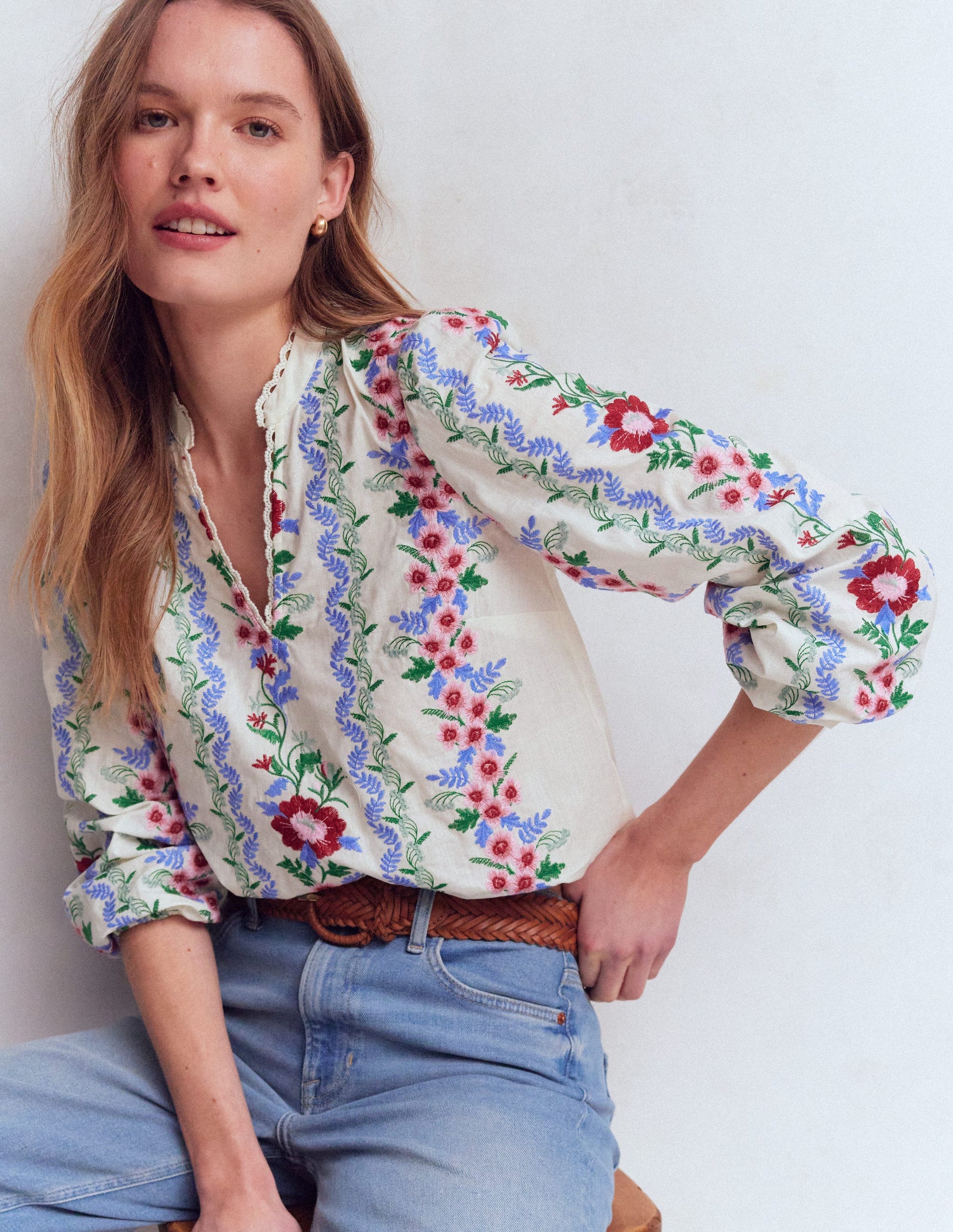 Embroidered Notch Neck Top-Floral Embroidery-3