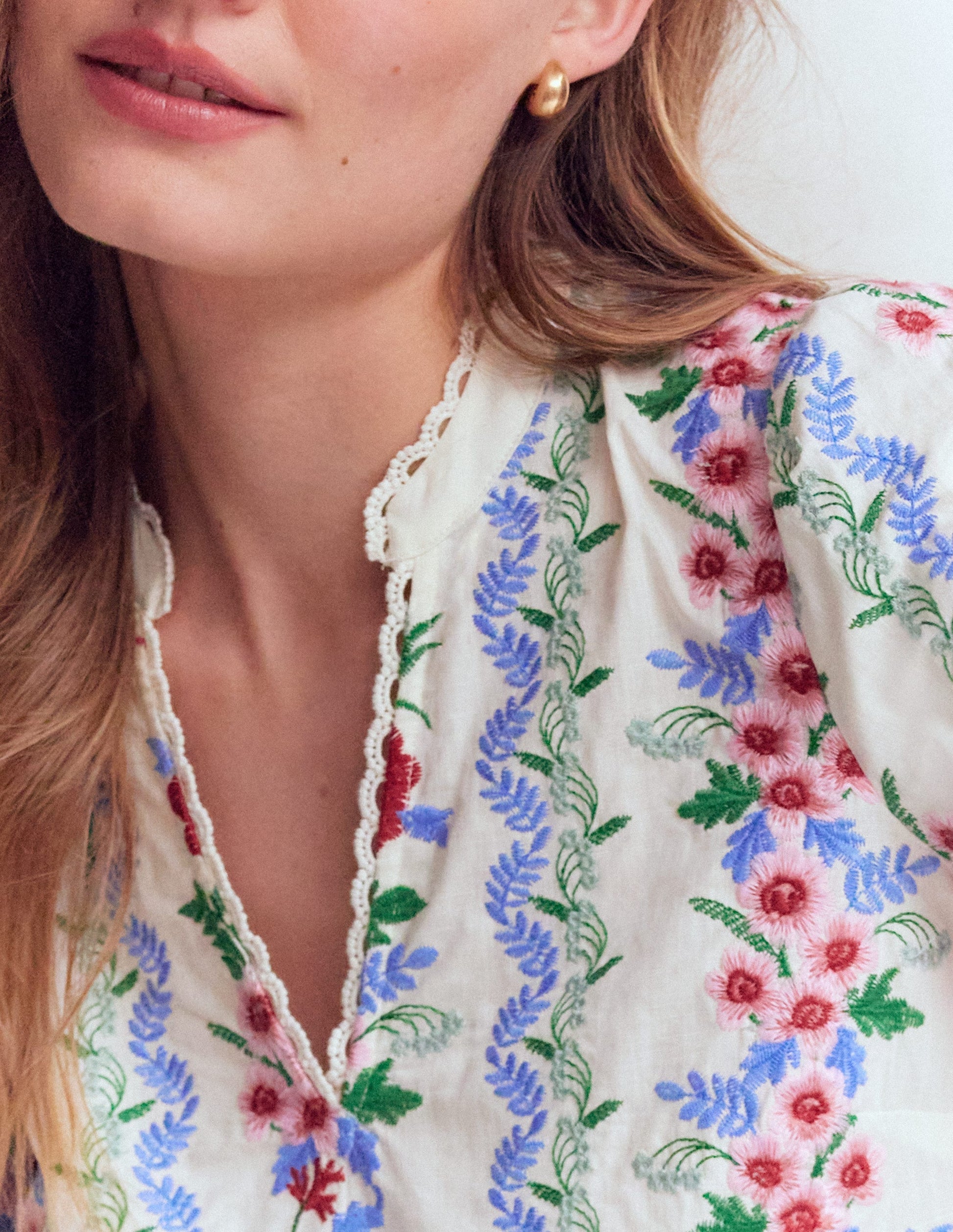 Embroidered Notch Neck Top-Floral Embroidery-4