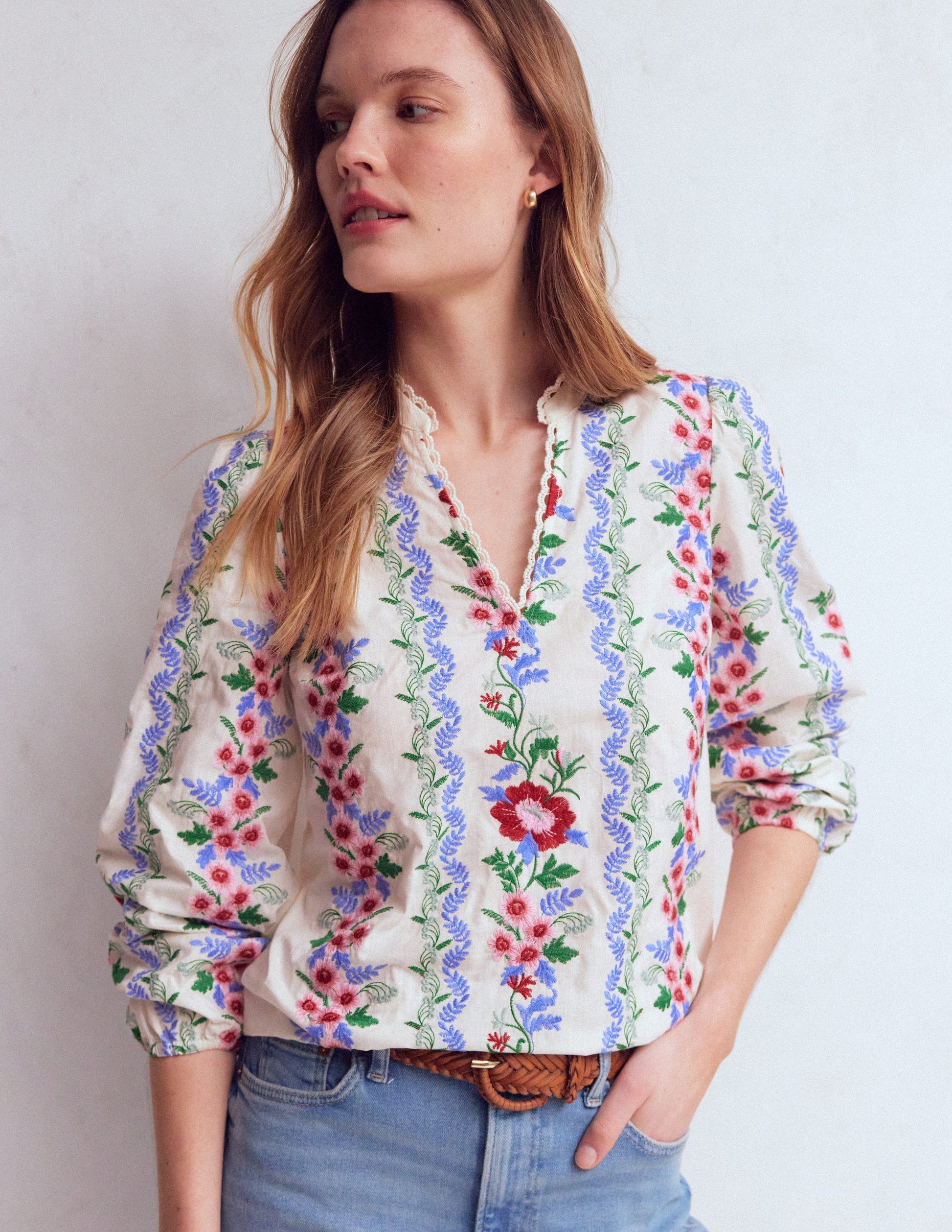 Embroidered Notch Neck Top-Floral Embroidery-8