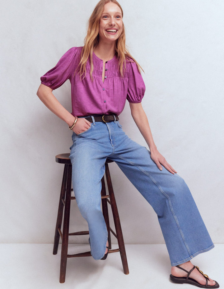 Mya Short Sleeve Smocked Shirt-Clover Purple