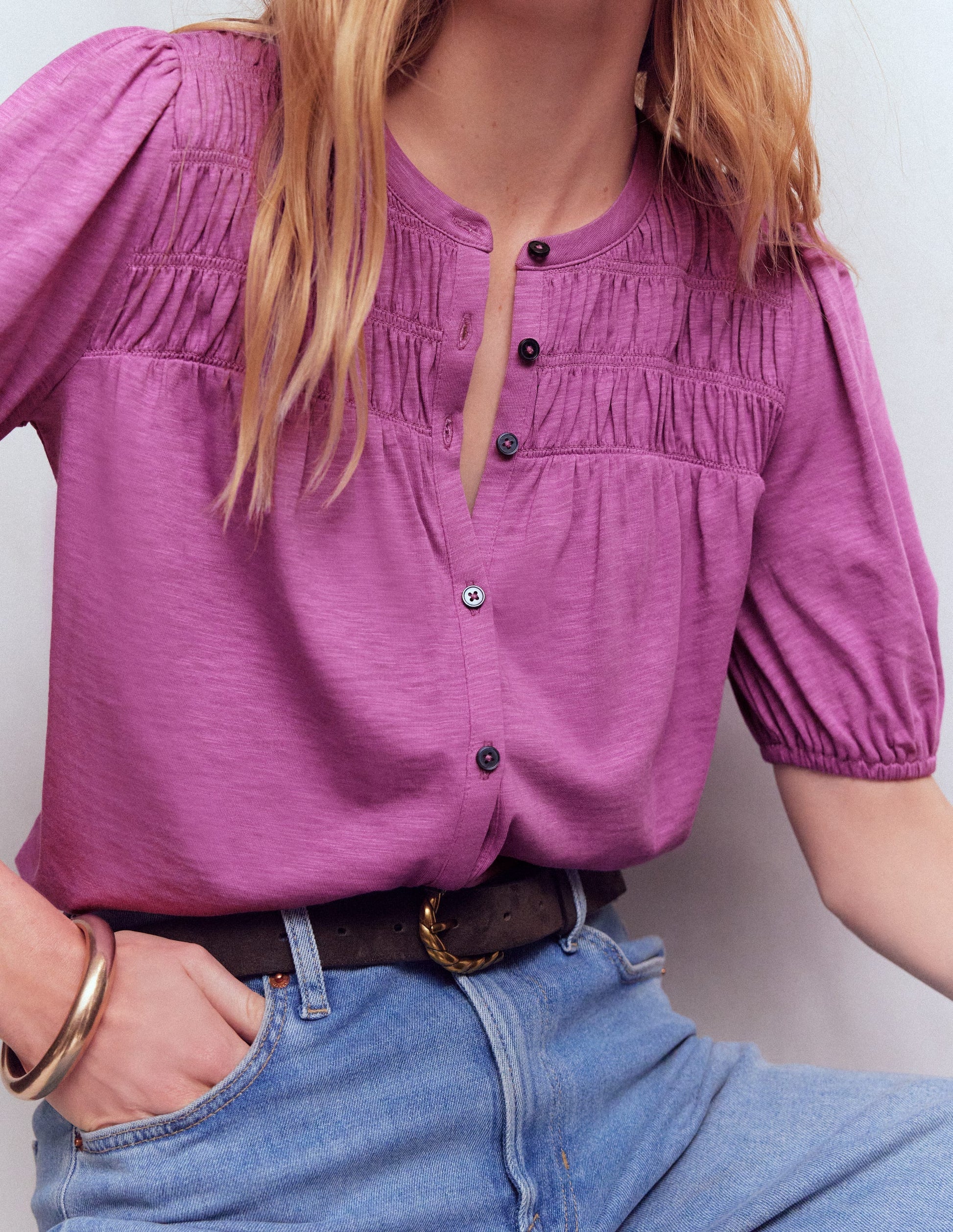 Mya Short Sleeve Smocked Shirt-Clover Purple-2