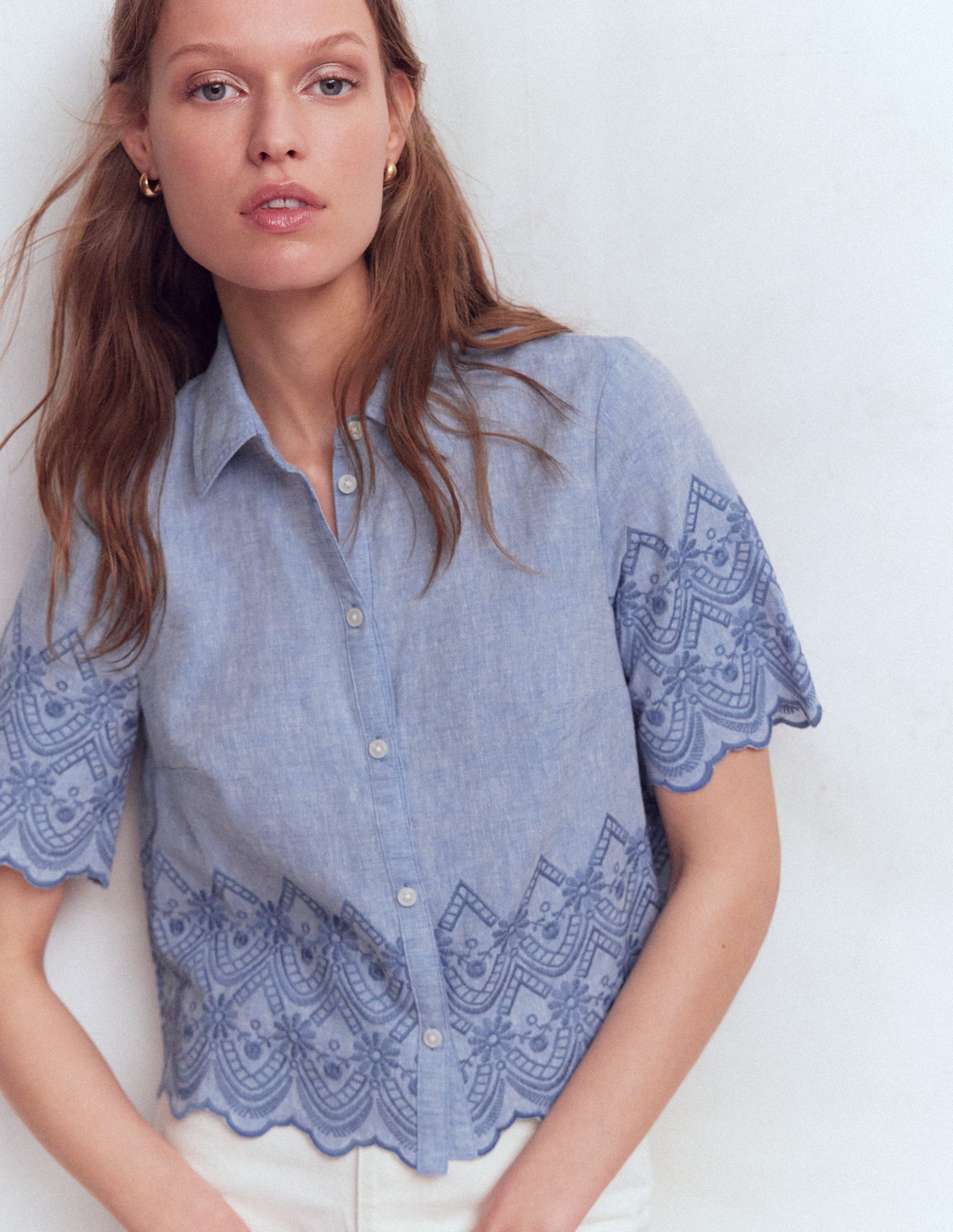 Short Sleeve Broderie Shirt-Chambray-1