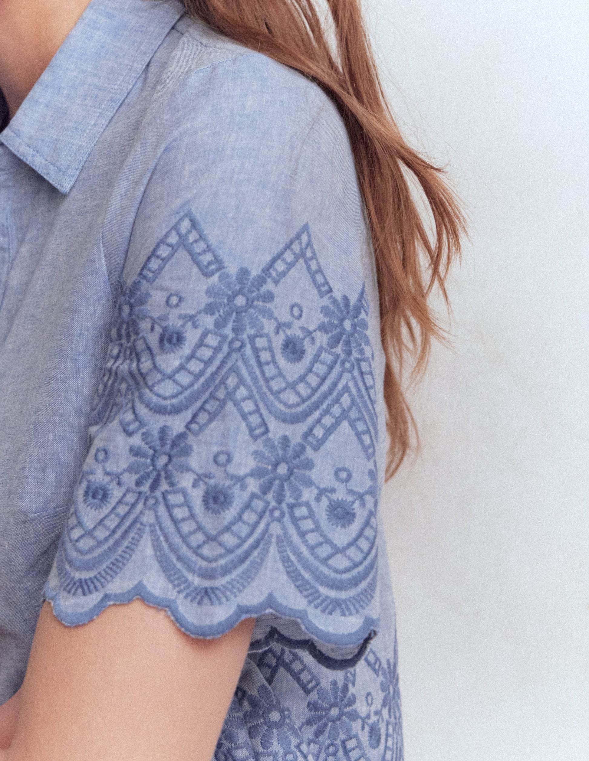 Short Sleeve Broderie Shirt-Chambray-2