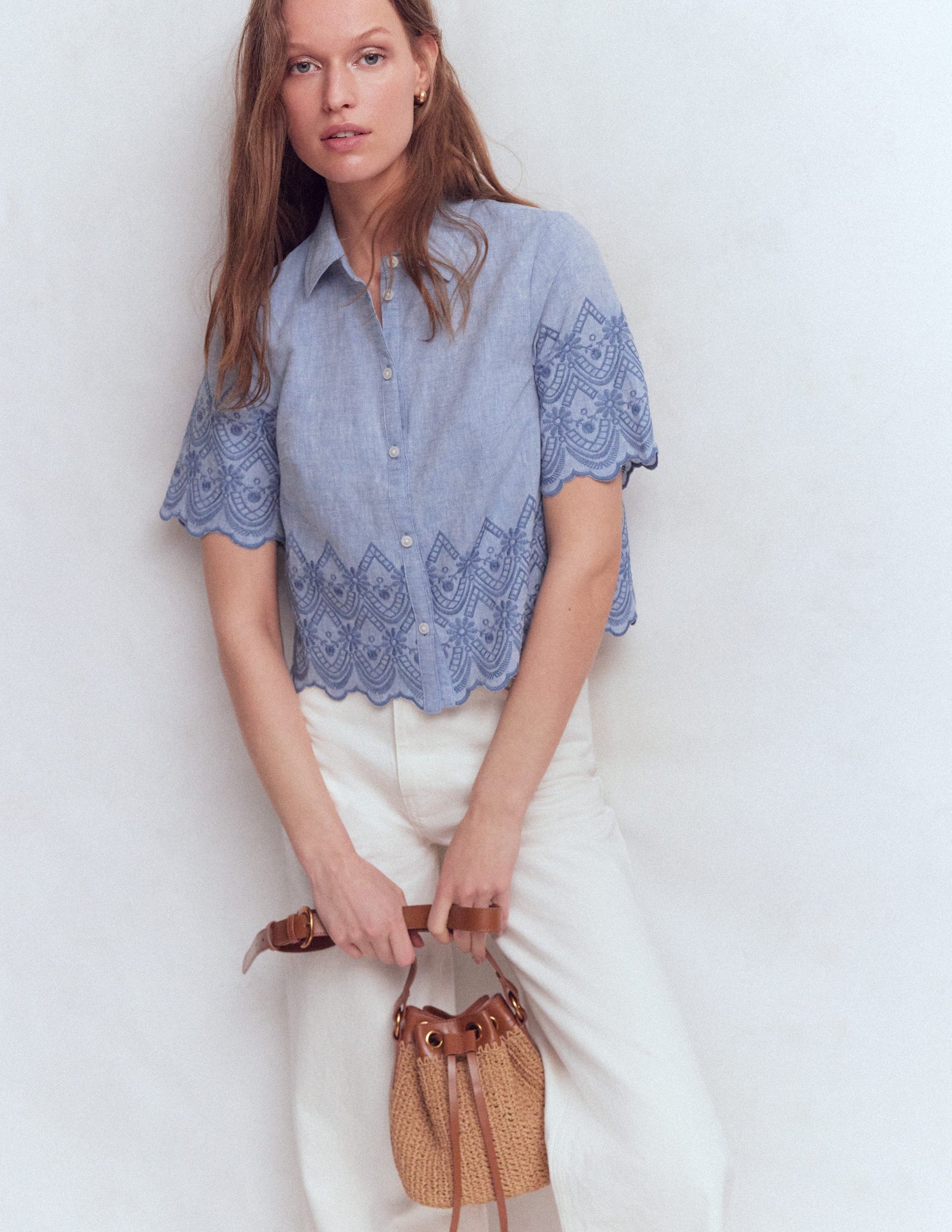 Short Sleeve Broderie Shirt-Chambray-4