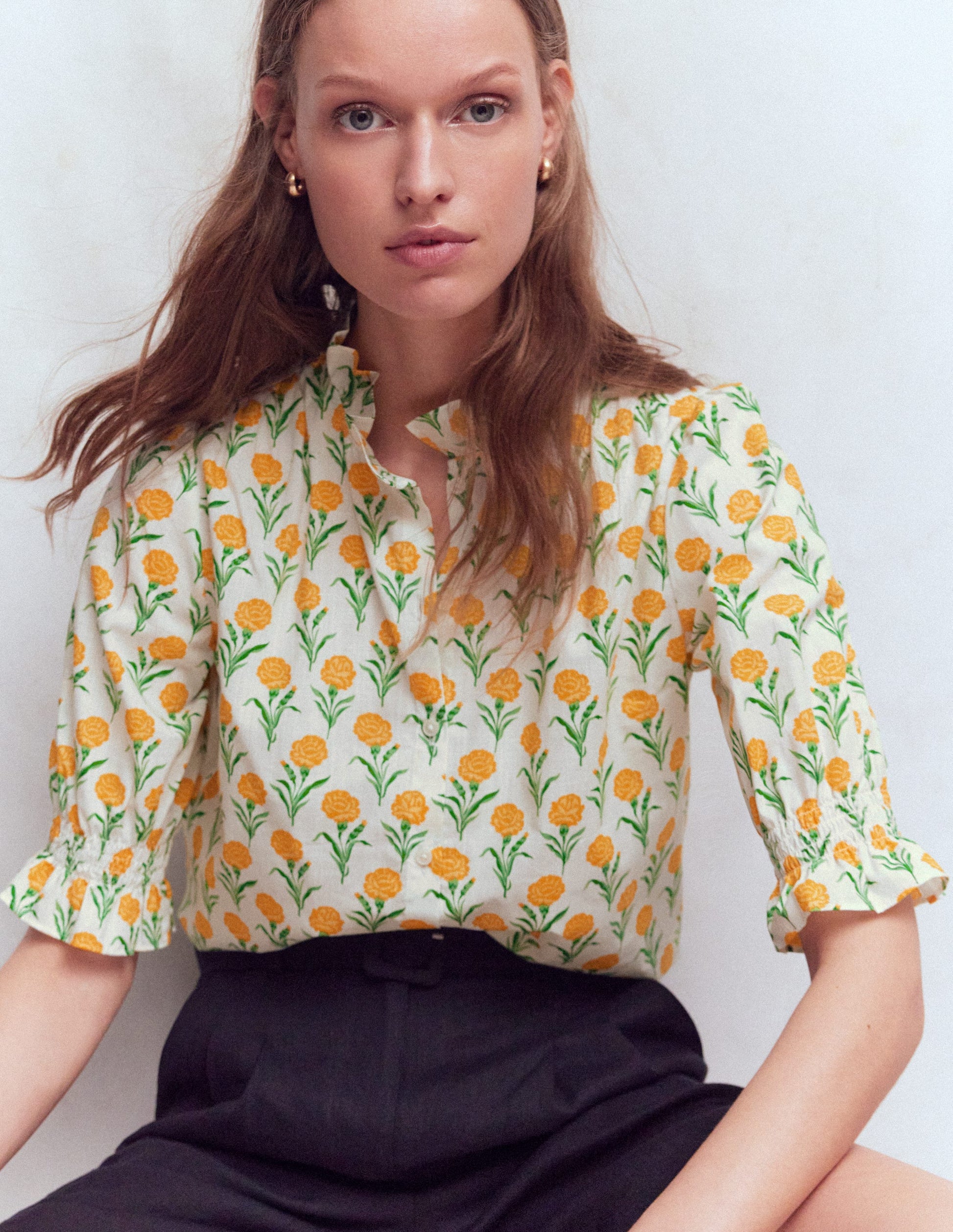 Heather Smocked Sleeve Top-Marigold, Carnation Stems-1