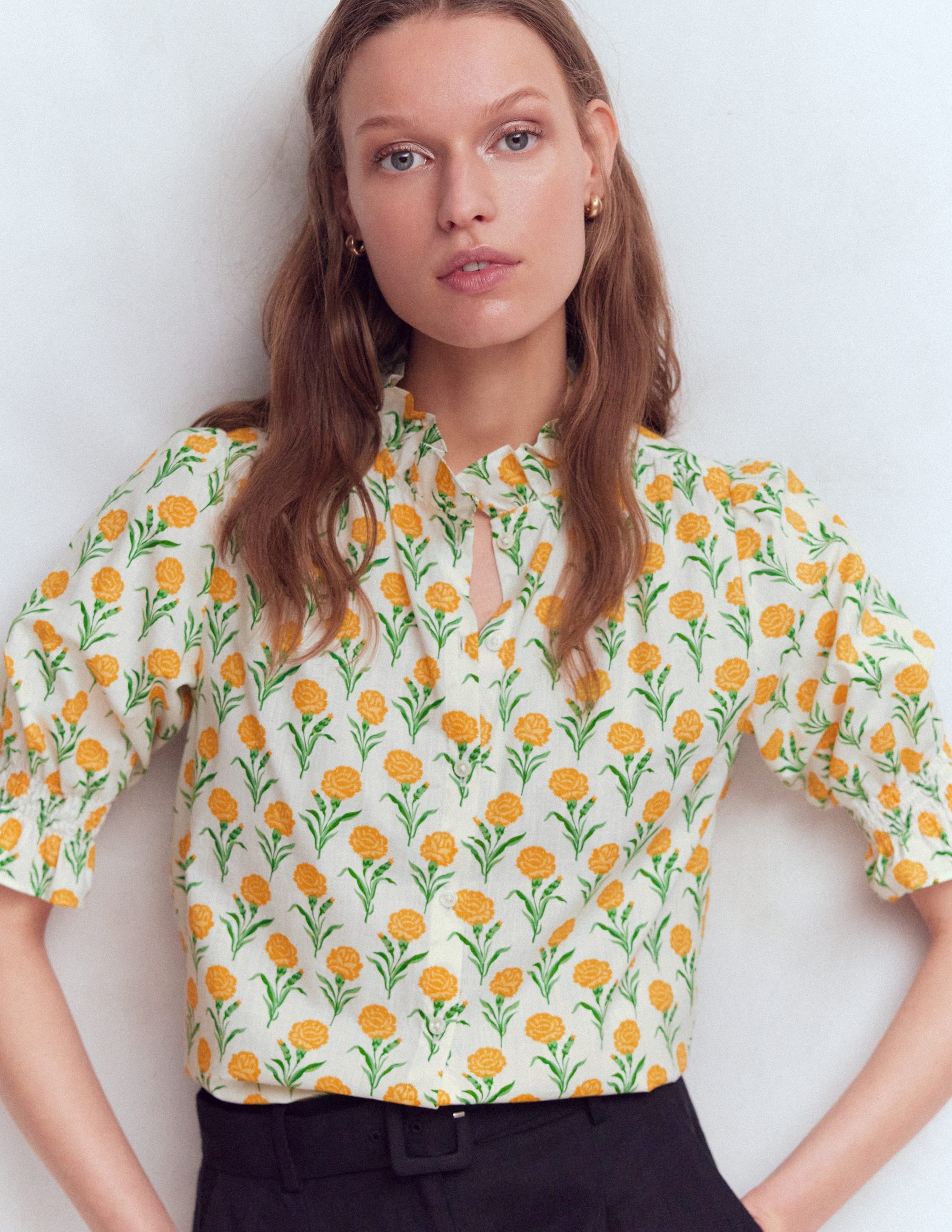 Heather Smocked Sleeve Top - Marigold, Carnation Stems | Boden UK