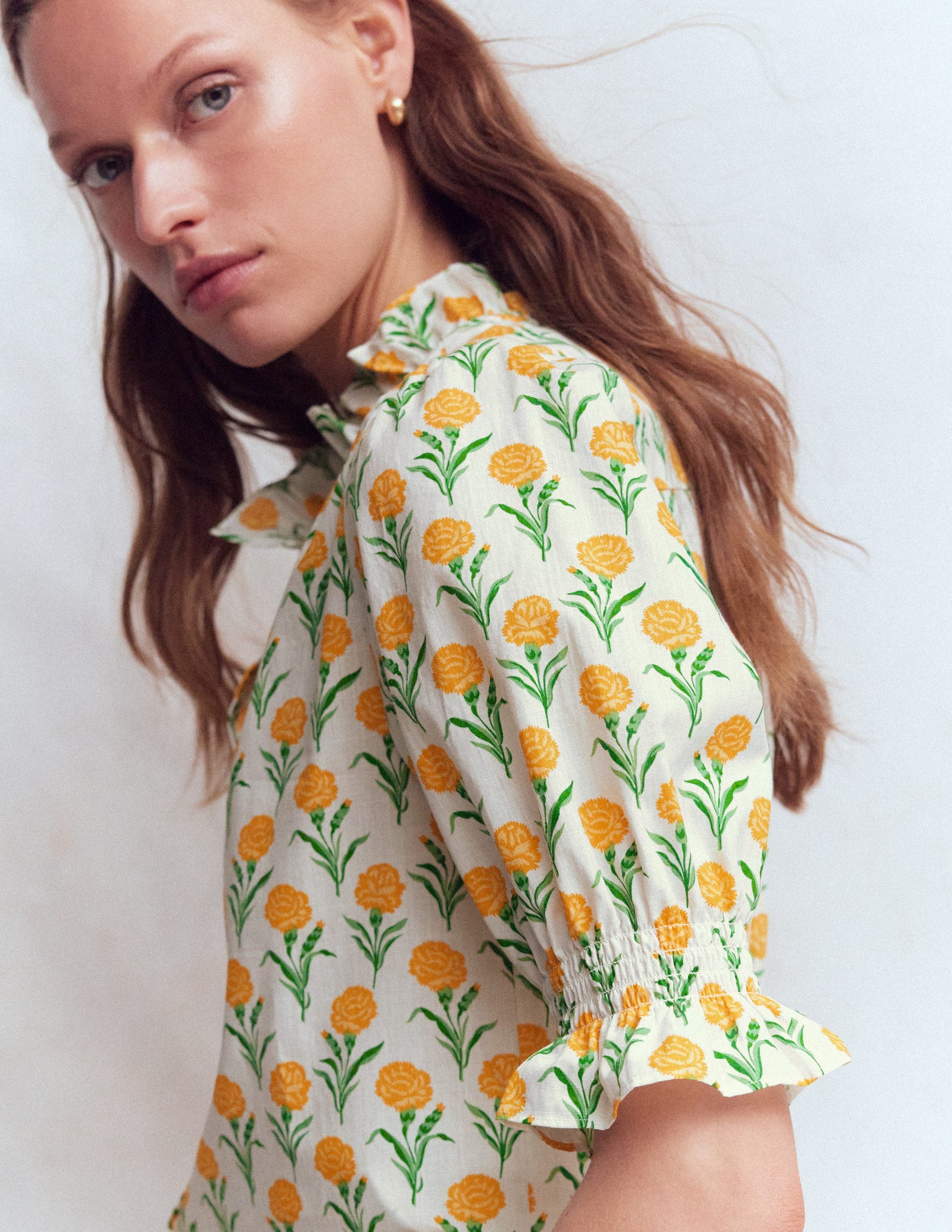 Heather Smocked Sleeve Top-Marigold, Carnation Stems-5