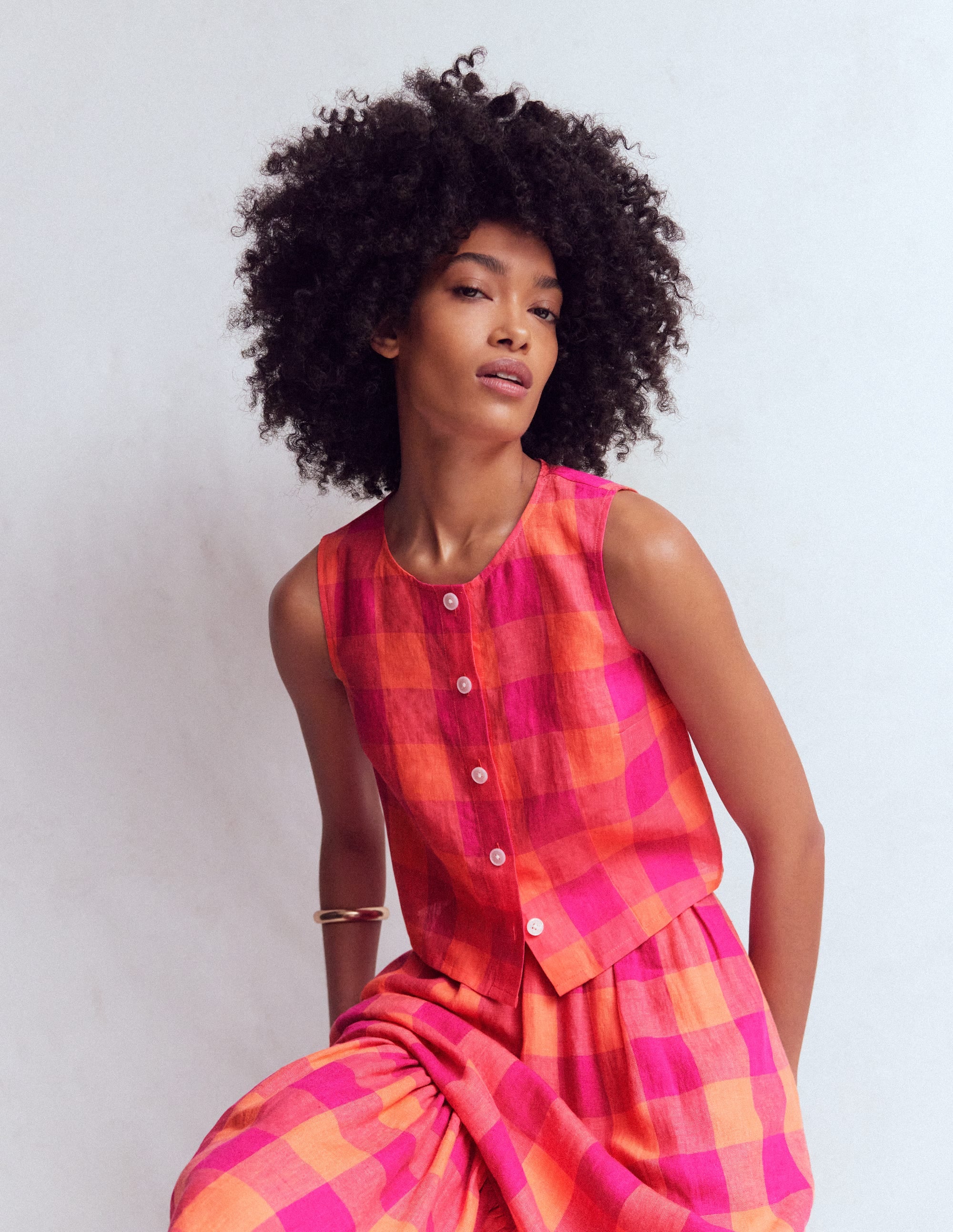 Andrea Linen Shell Top-Zesty Orange, Pink Gingham | Boden UK