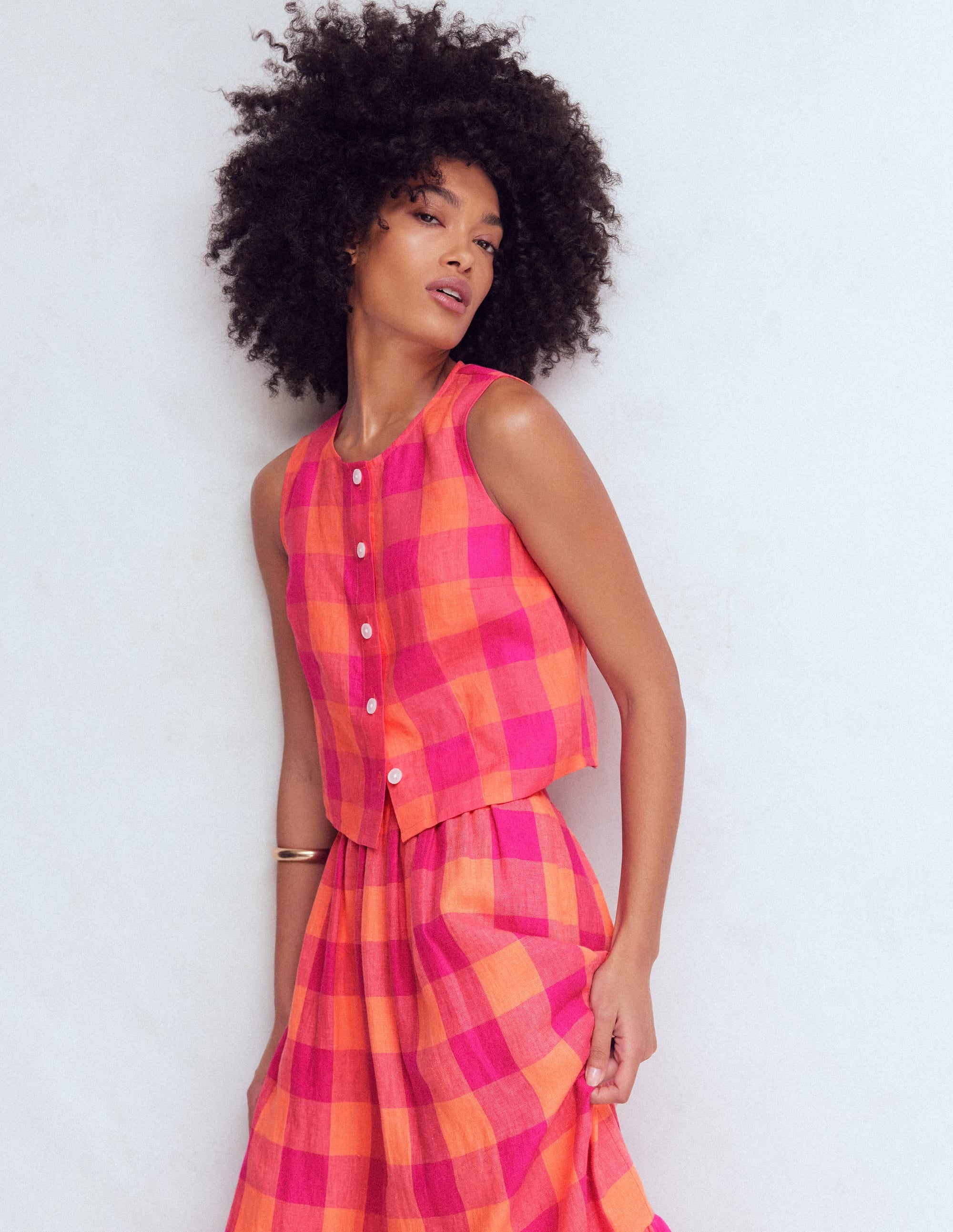 Andrea Linen Shell Top-Zesty Orange, Pink Gingham - Image 4