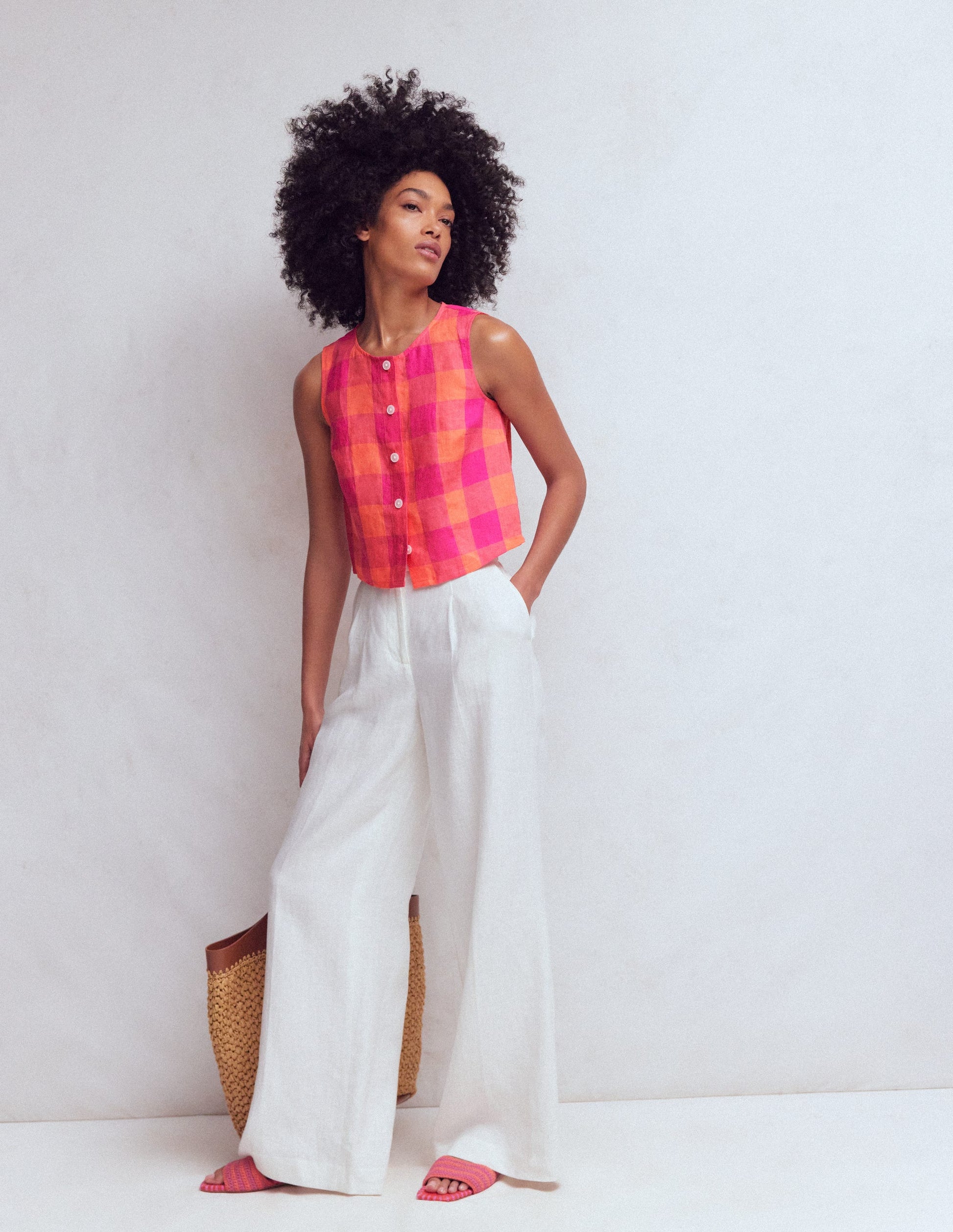 Andrea Linen Shell Top-Zesty Orange, Pink Gingham-5