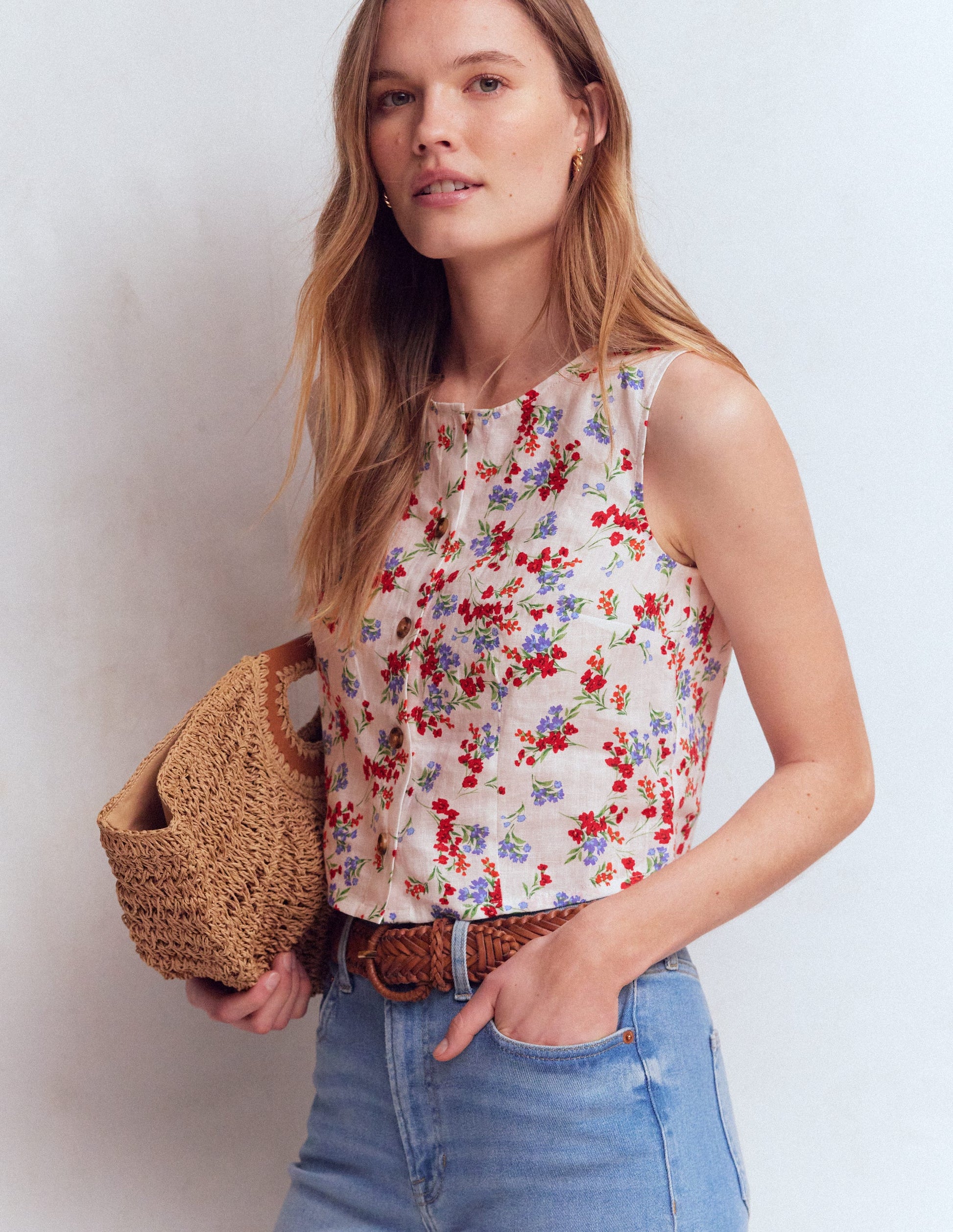 Andrea Linen Shell Top-Ivory, Bloom Scatter-4