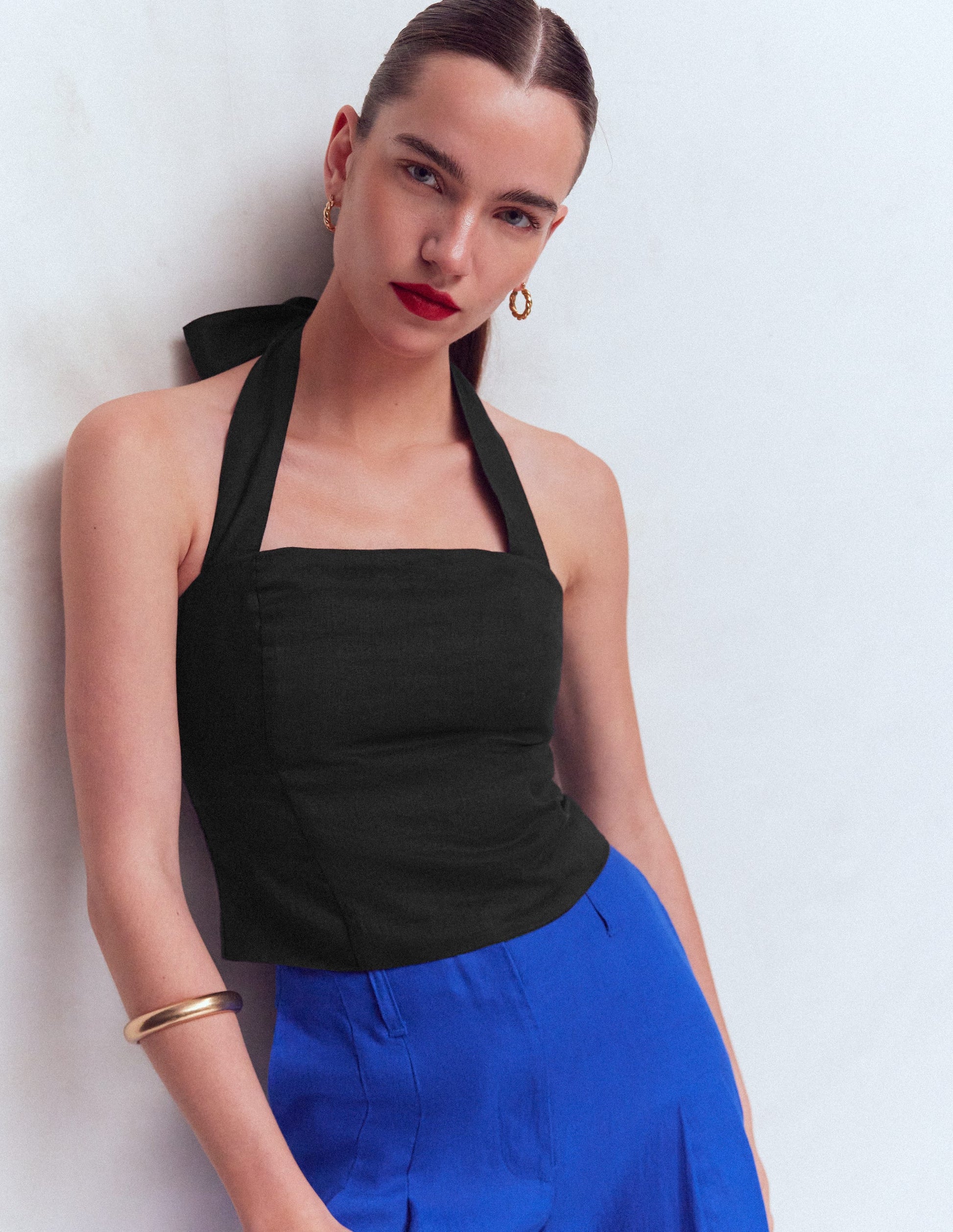 Halterneck Linen Top-Black-1