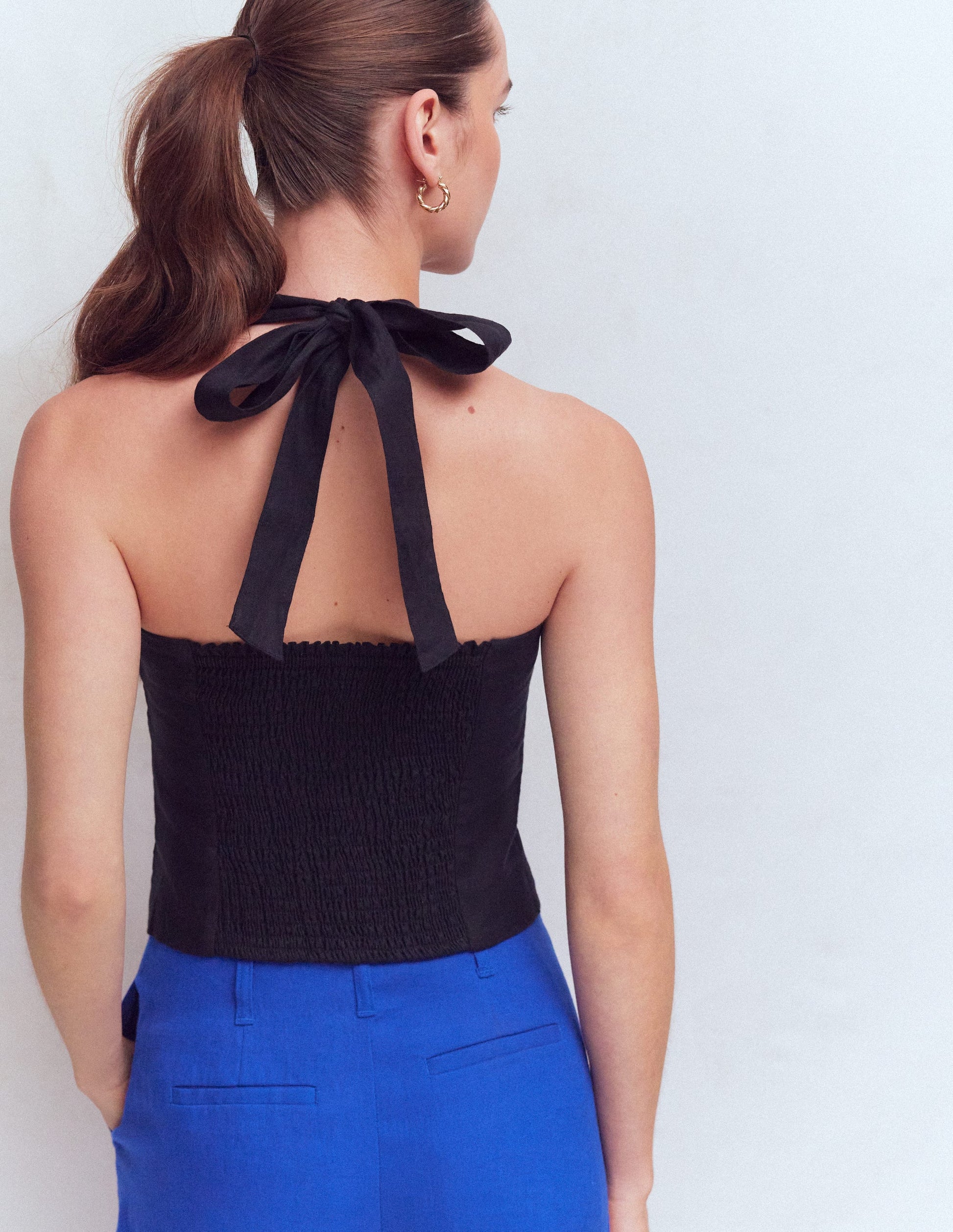 Halterneck Linen Top-Black-3