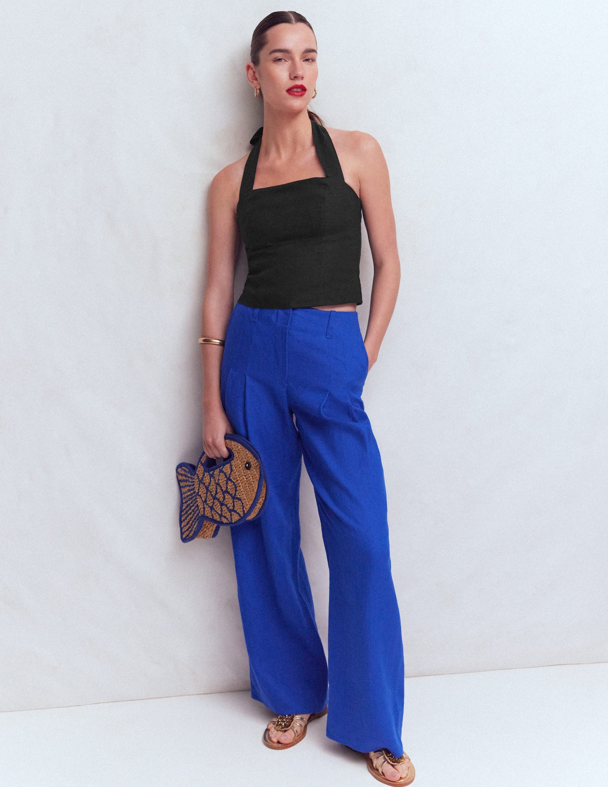 Halterneck Linen Top-Black-4