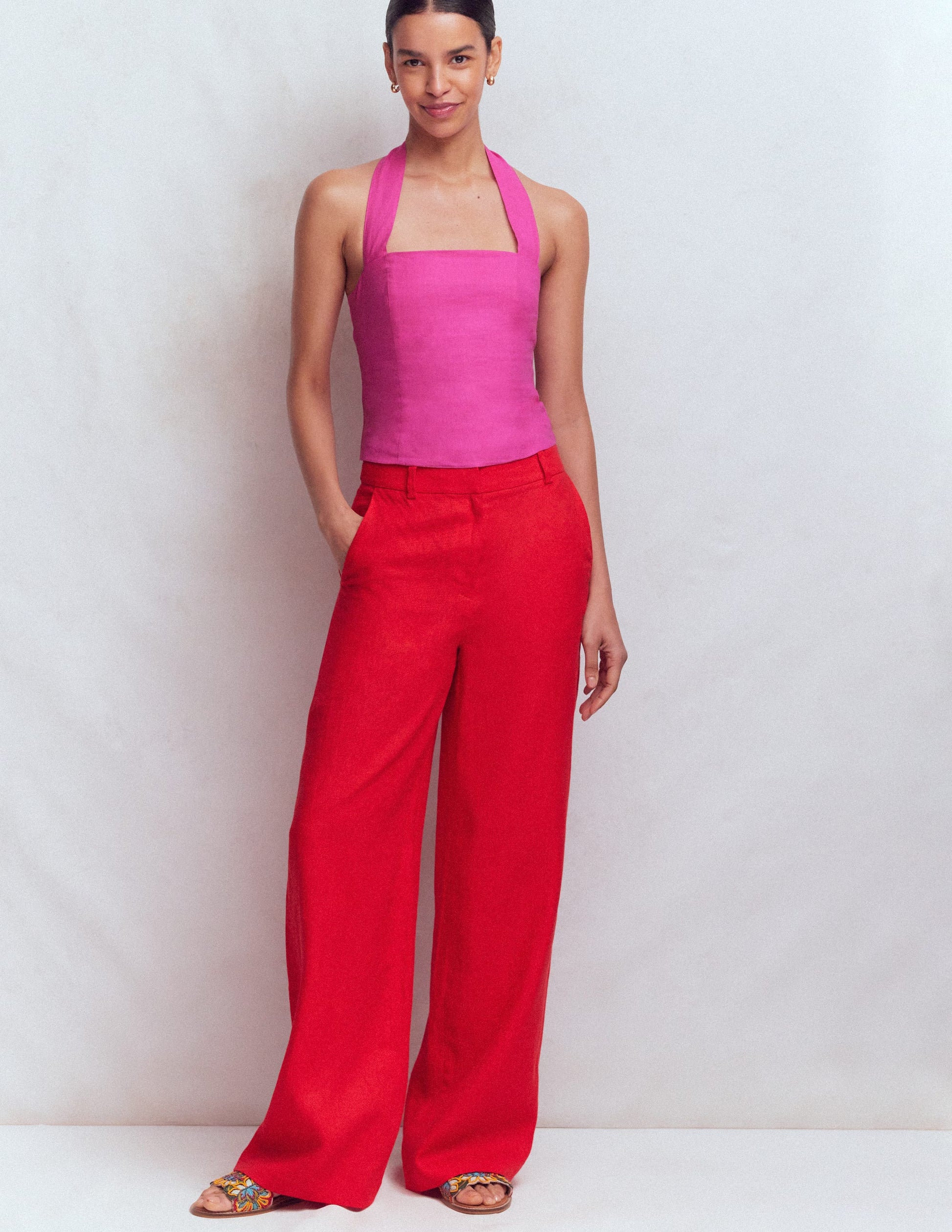 Halterneck Linen Top-Bright Pink-4