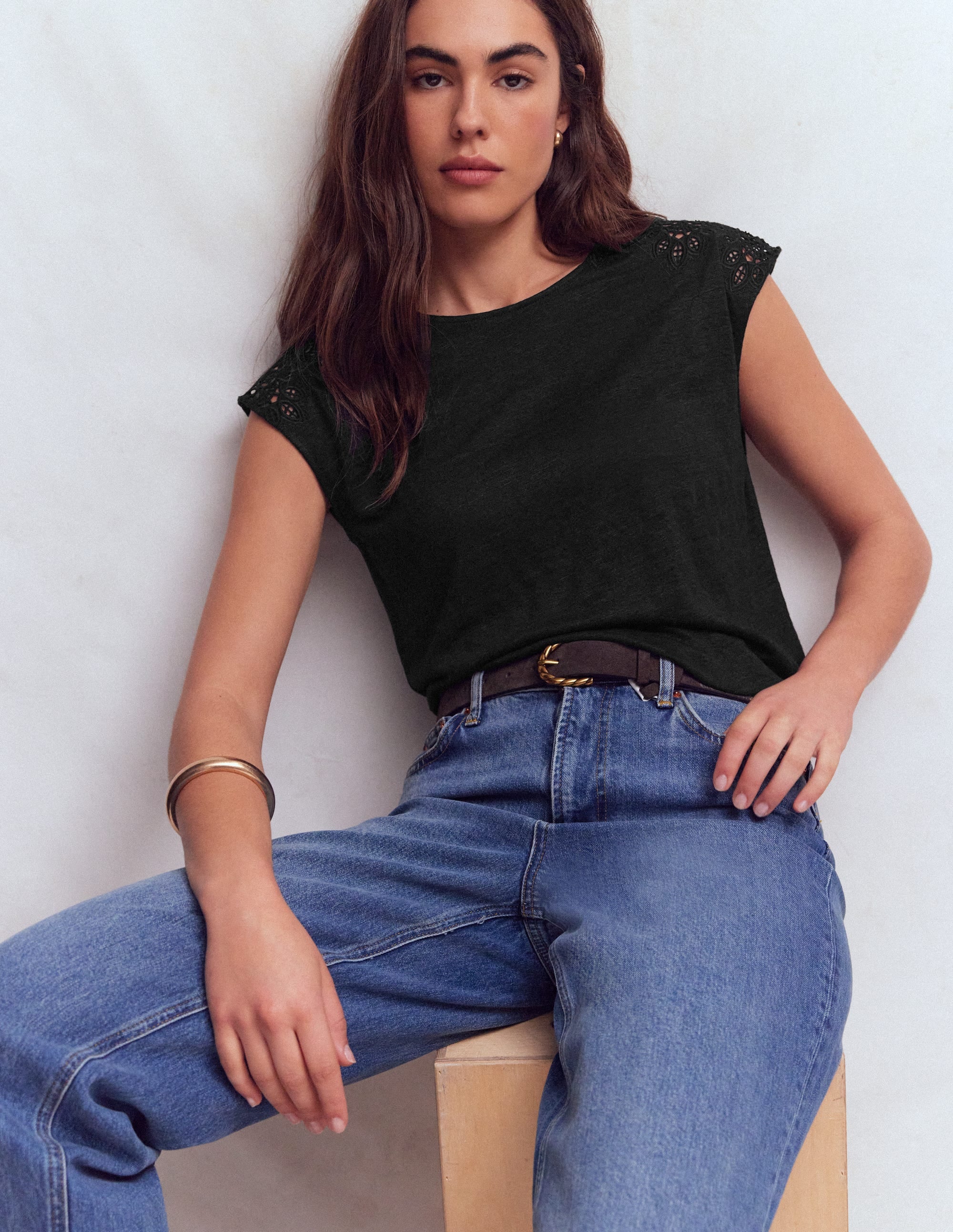 Tara Cutwork Linen Tee-Black - Image 1