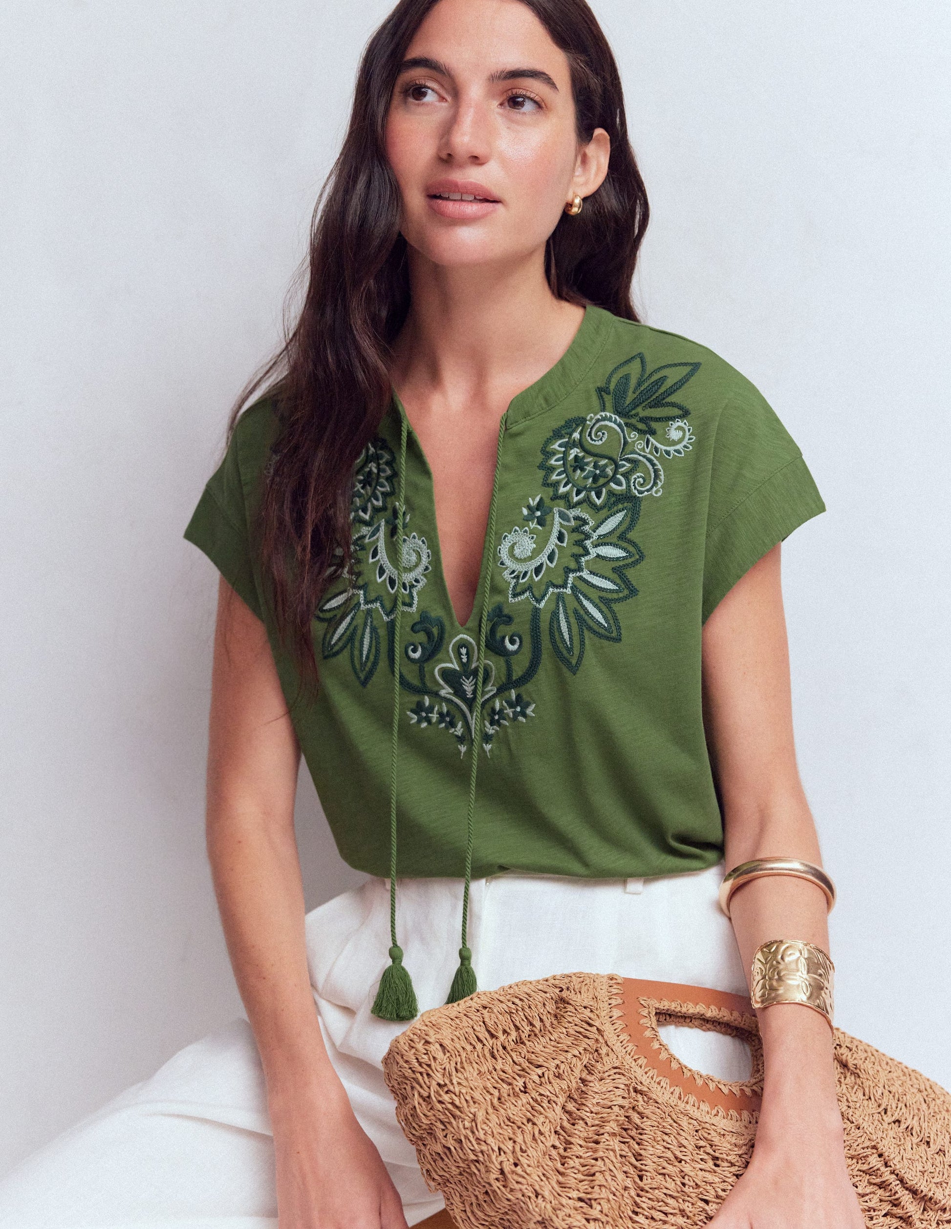 Nina Embroidered Notch T-shirt-Safari Green-1