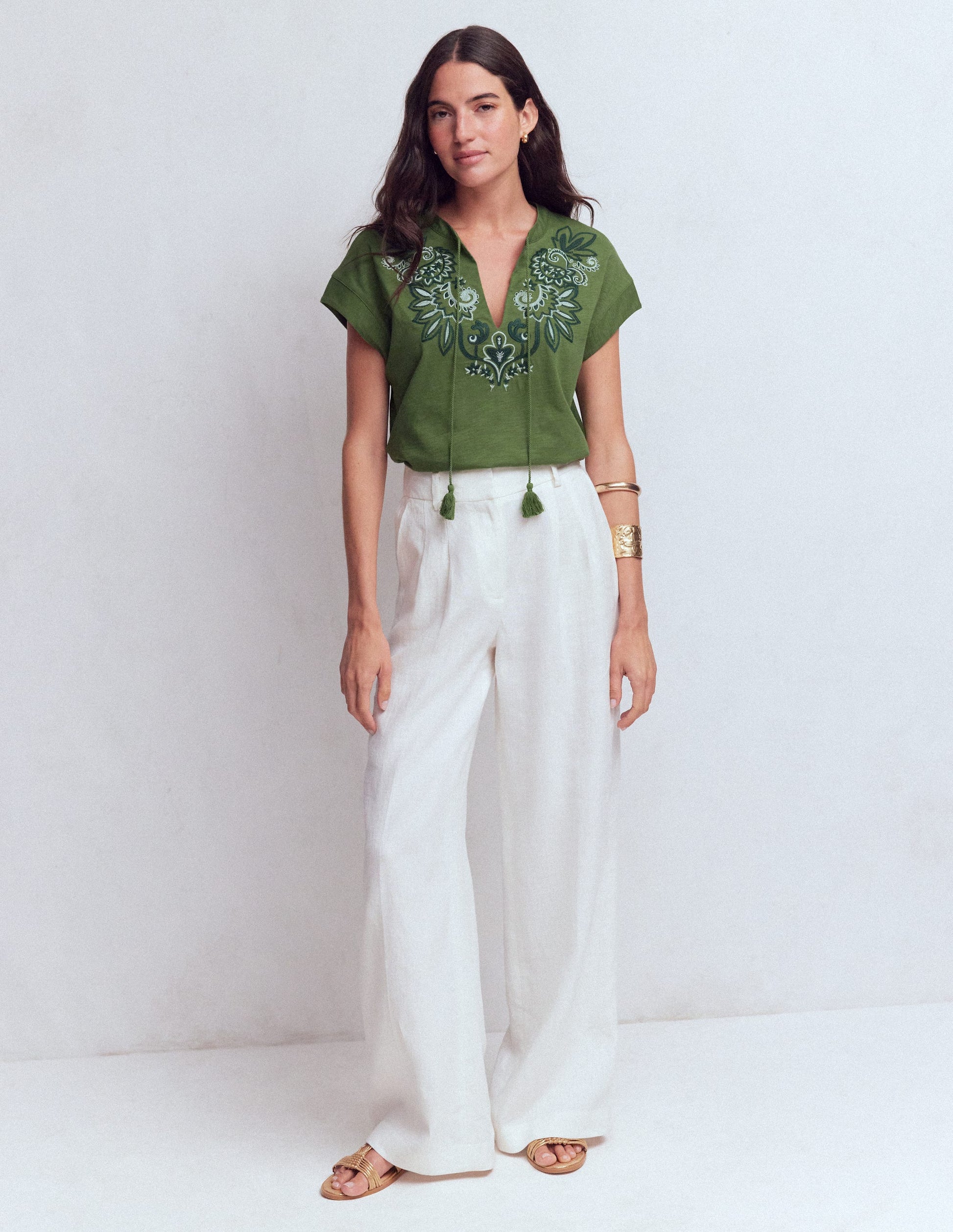 Nina Embroidered Notch T-shirt-Safari Green-4