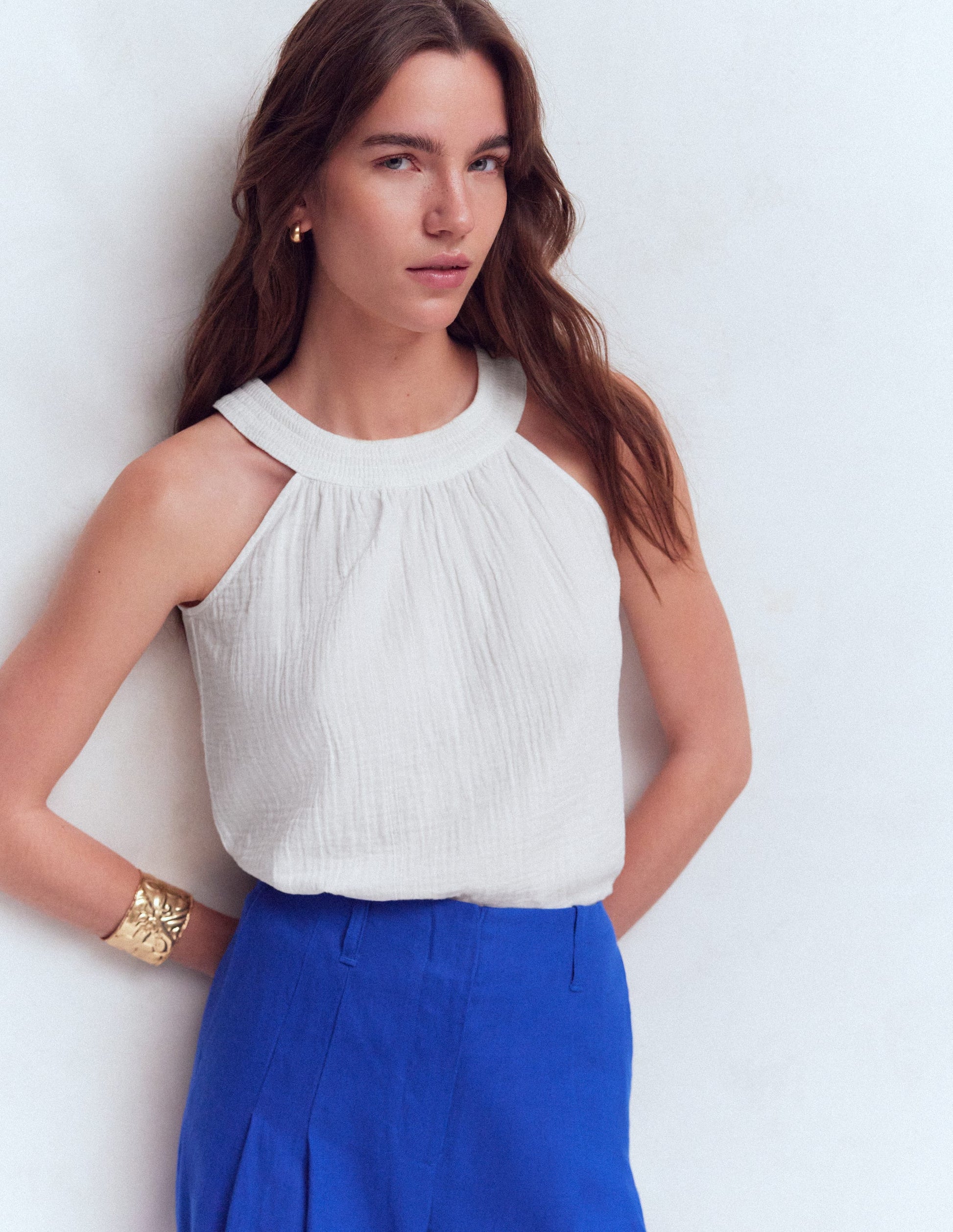 Halter-neck Double Cloth Top-White-5