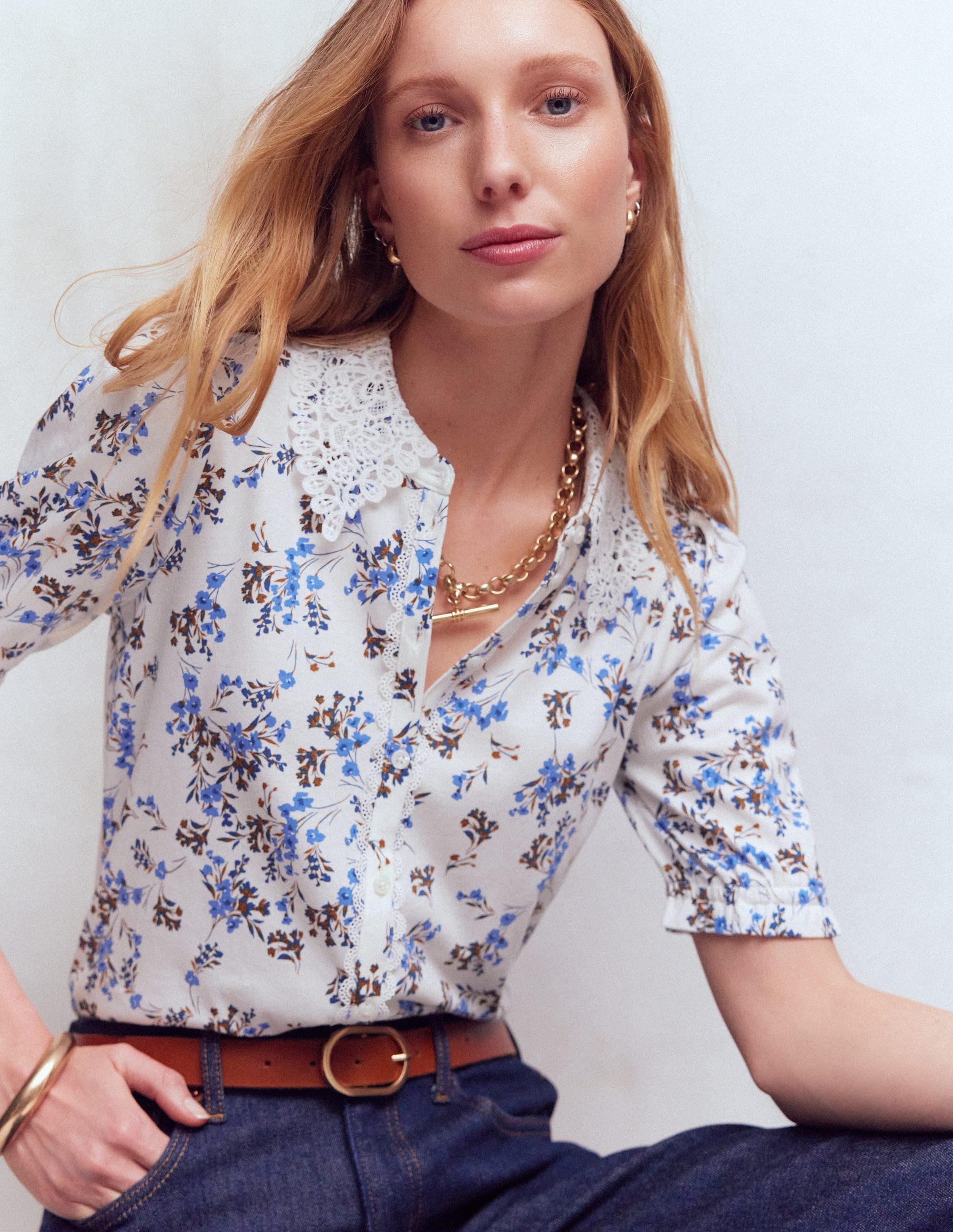 Nessa Broderie Collar Blouse-Ivory, Blue Bloom Scatter - Image 1