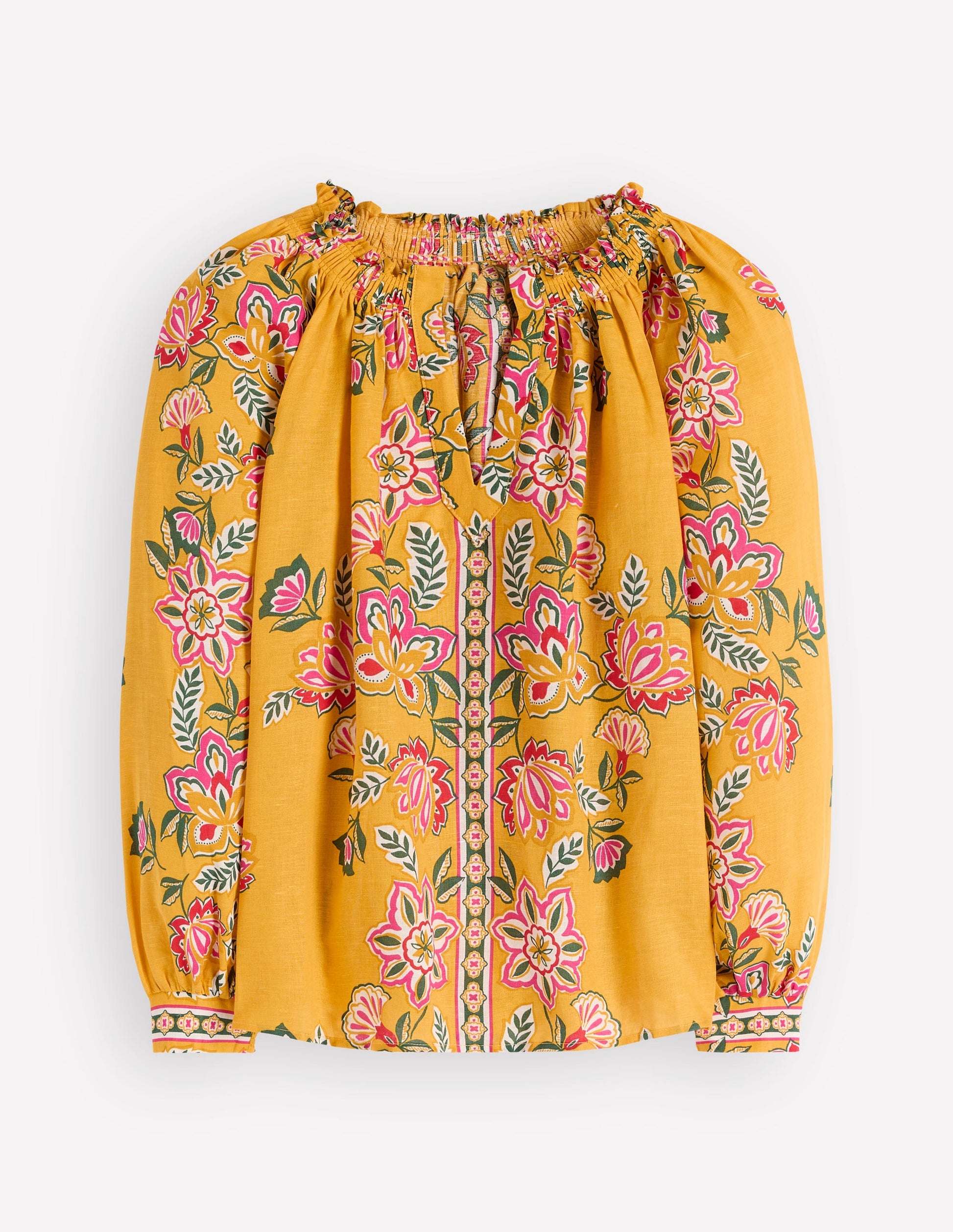 Serena Pleat Neck Linen Top-Marigold, Blossom Elegance-7