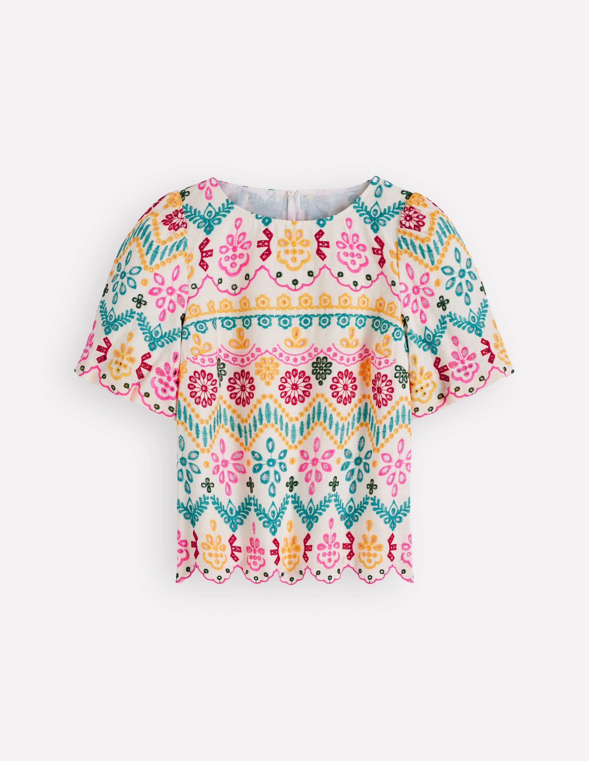 Linen Puff Sleeve Top - Multi Broderie | Boden UK