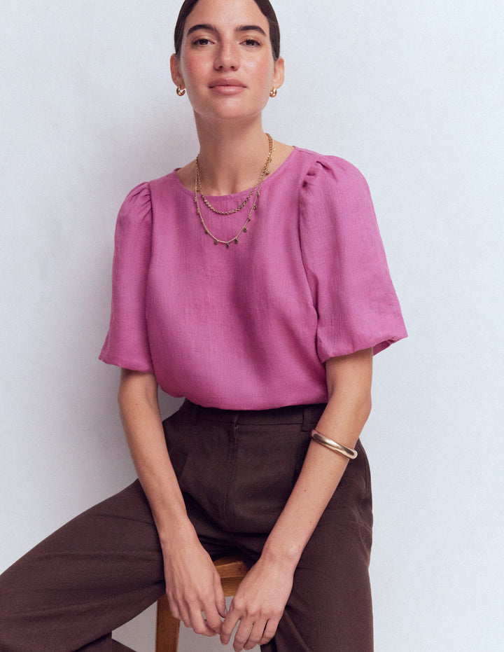 Linen Puff Sleeve Top-Clover Purple