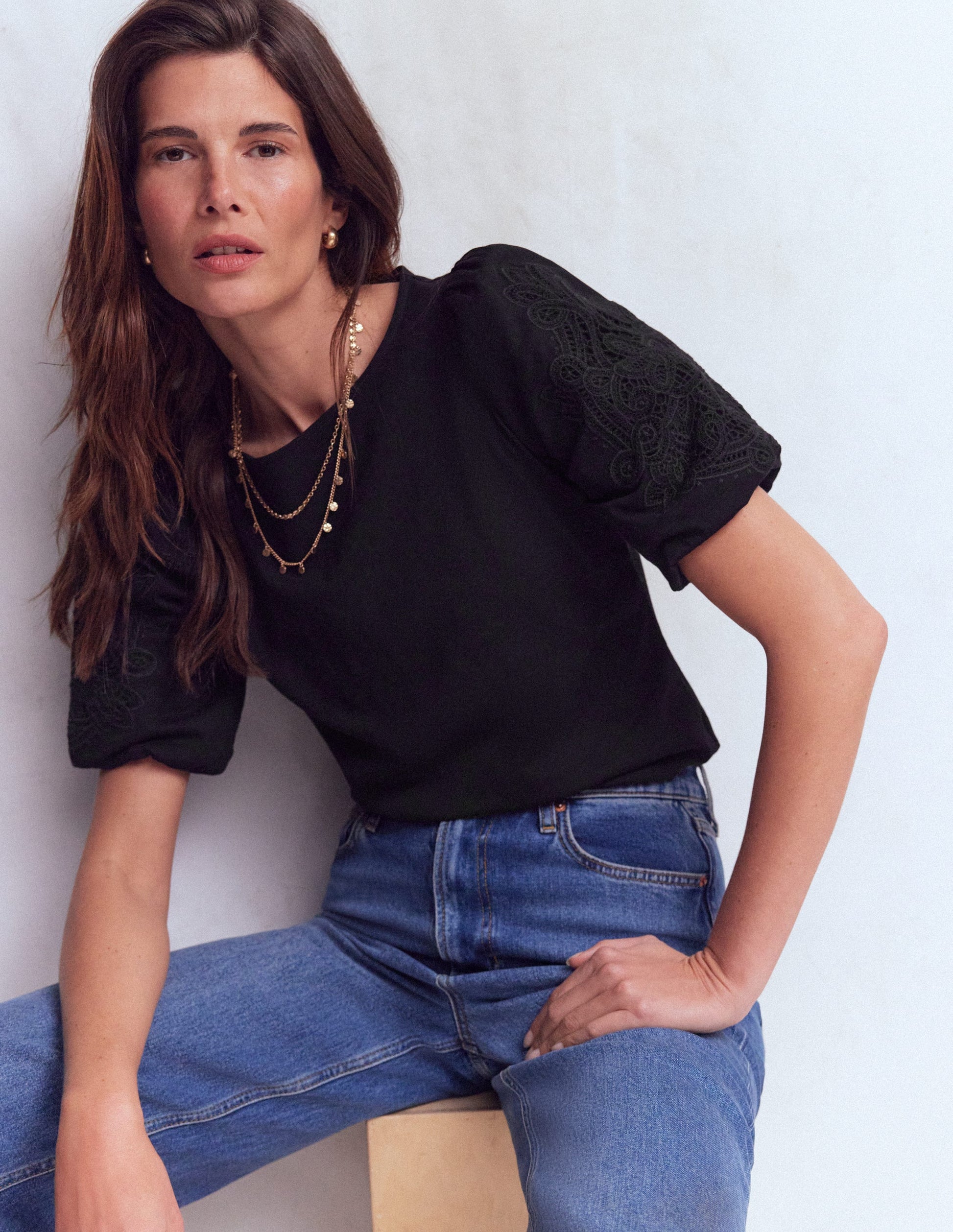 Cutwork Detail Jersey Top-Black-1