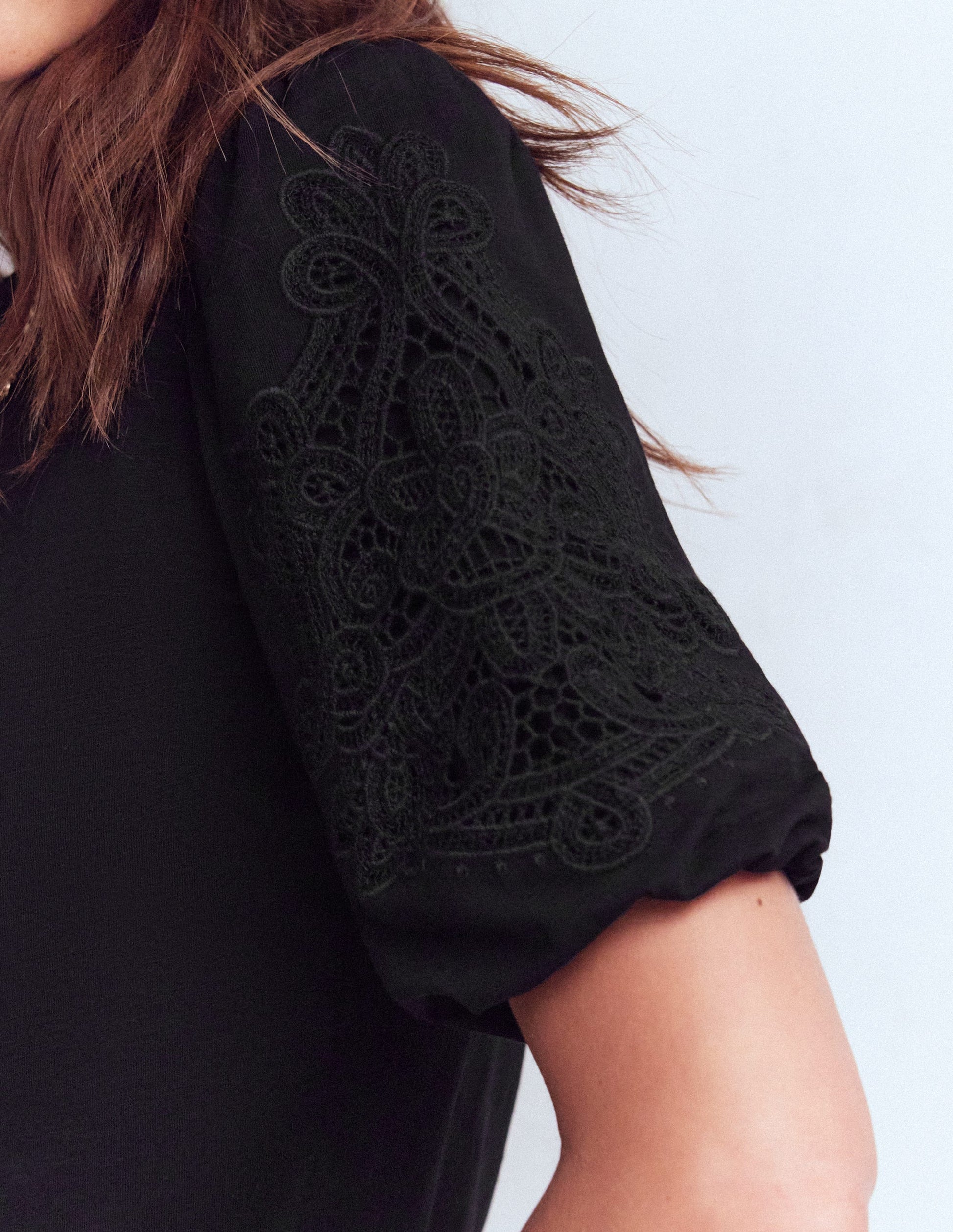 Cutwork Detail Jersey Top-Black-2