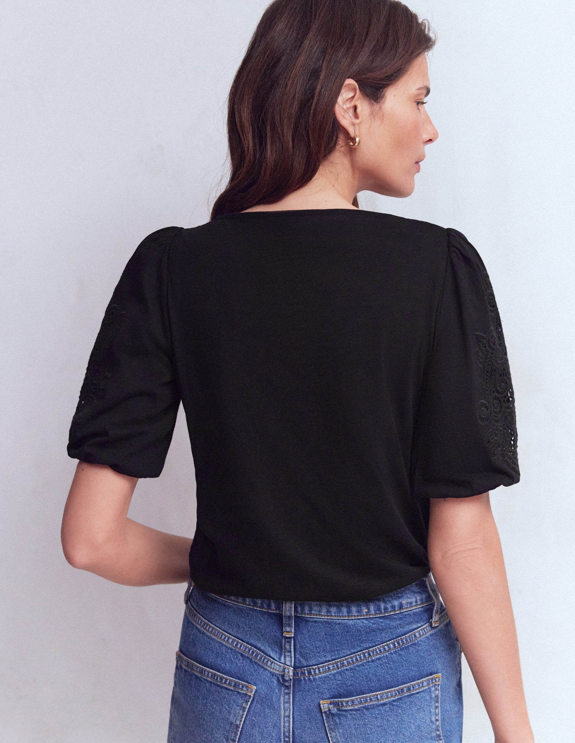Cutwork Detail Jersey Top-Black-3