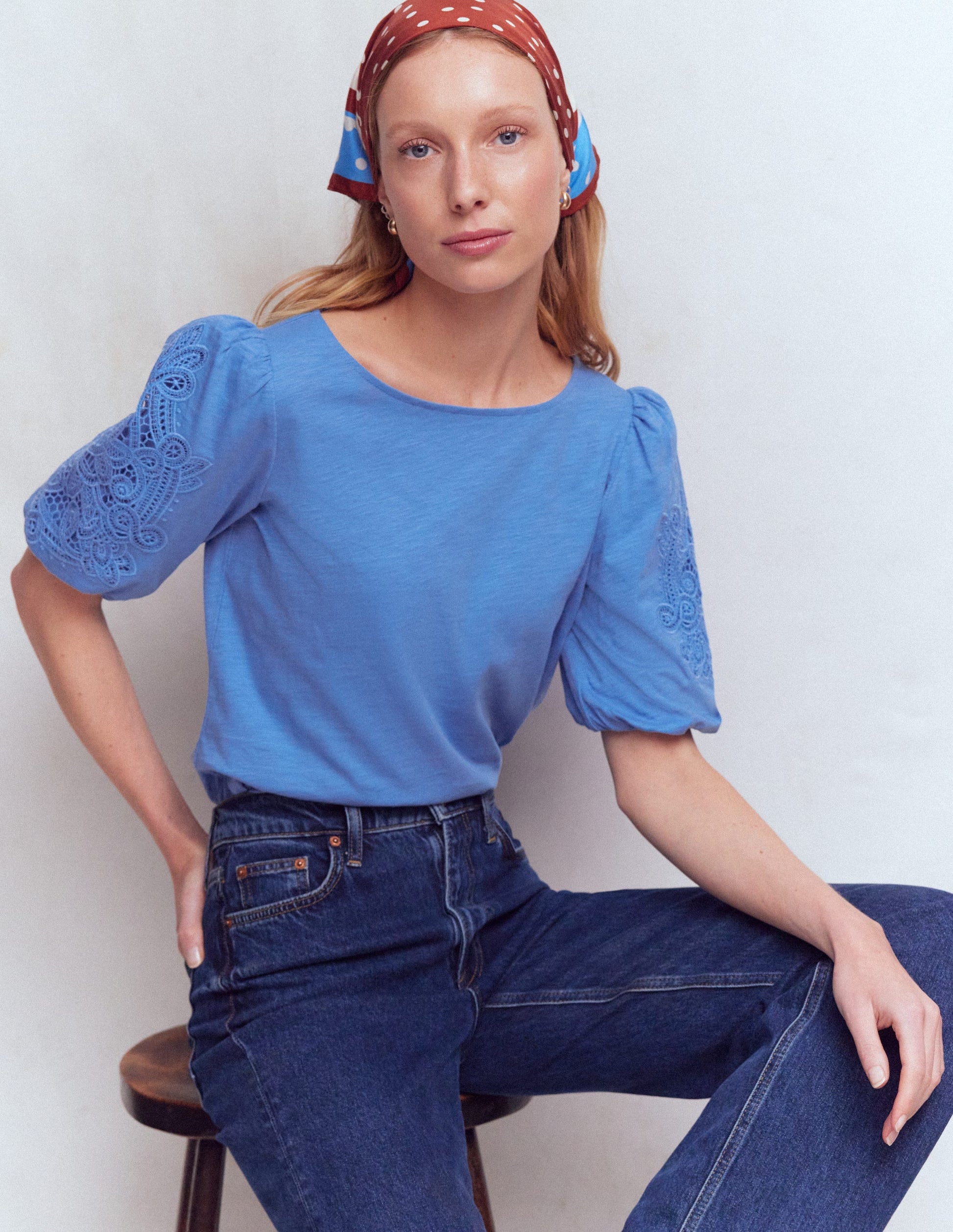 Cutwork Detail Jersey Top-Forget Me Not Blue-1