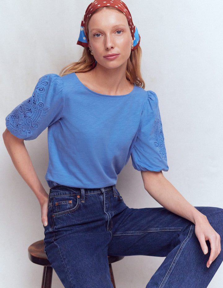 Cutwork Detail Jersey Top-Forget Me Not Blue