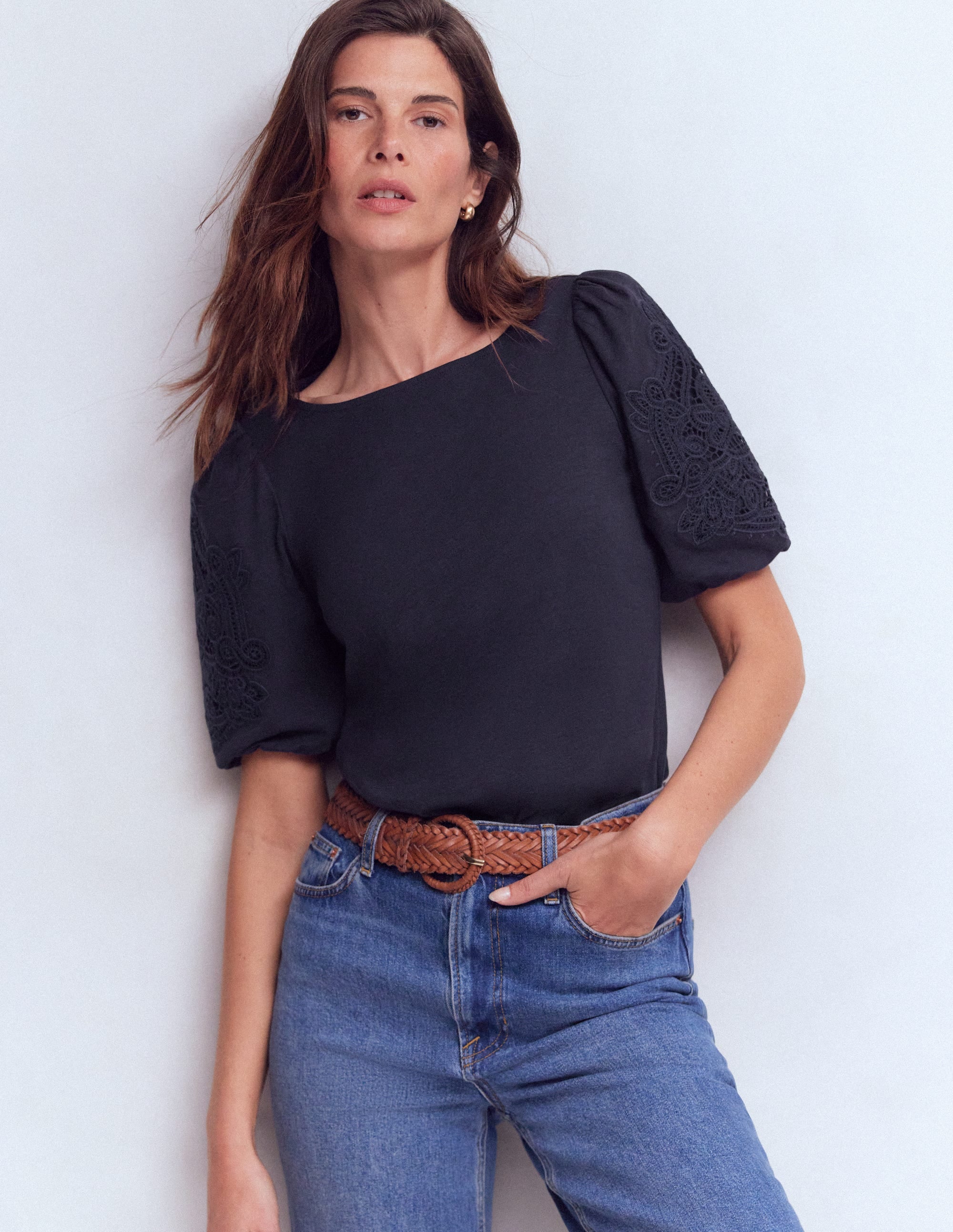 Cutwork Detail Jersey Top-Navy - Image 4