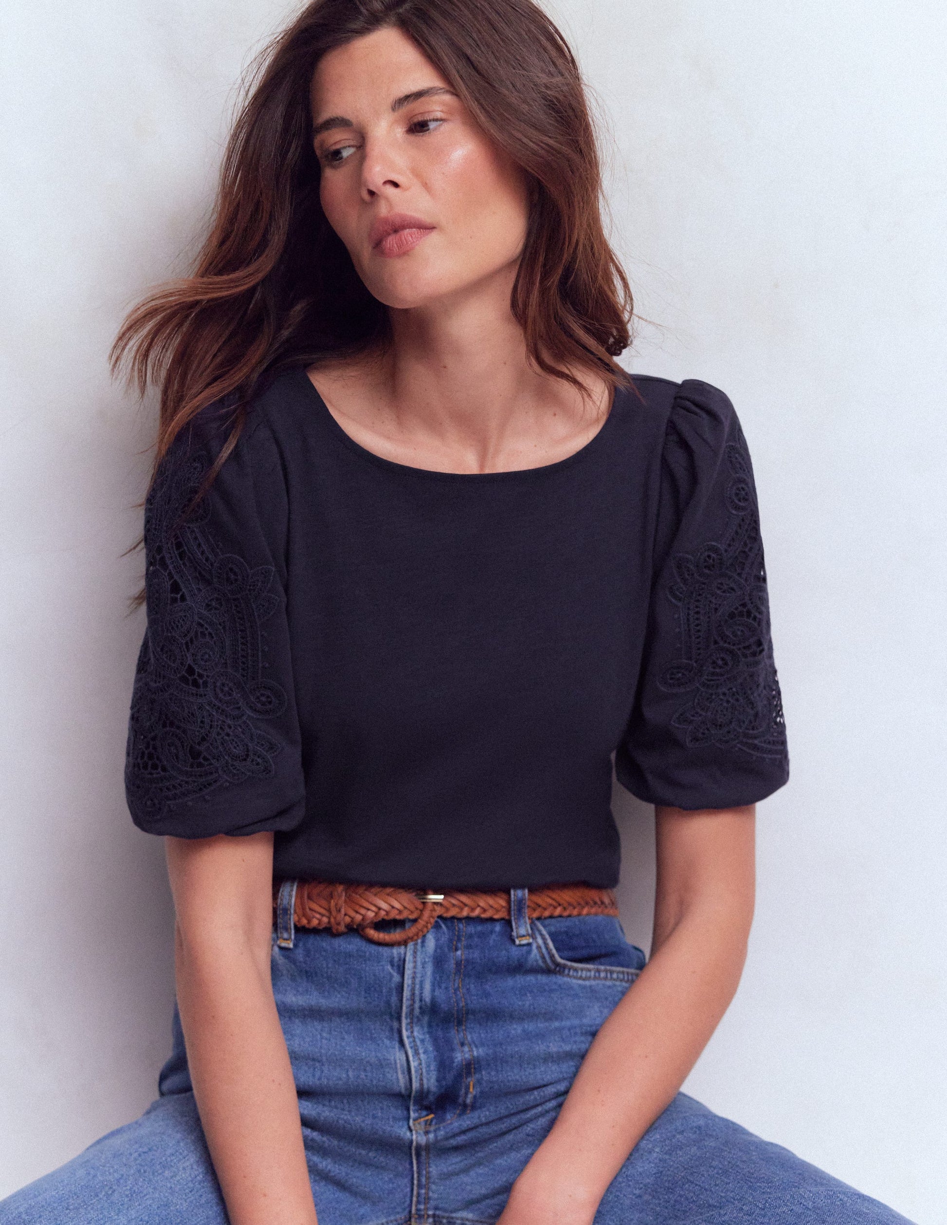 Cutwork Detail Jersey Top-Navy-5