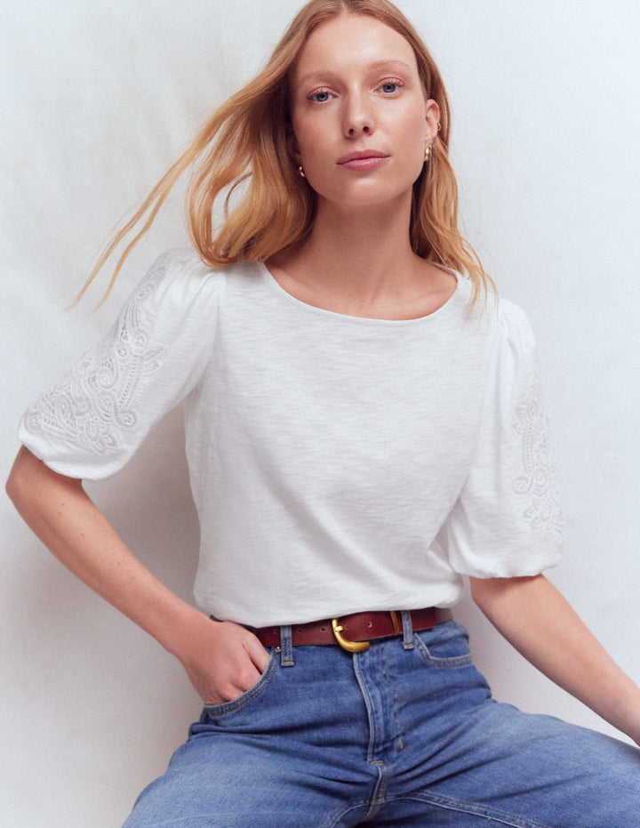 Cutwork Detail Jersey Top-White