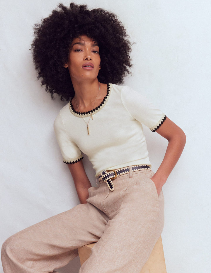 Maddie Trim Detail T-Shirt-Ivory with Black