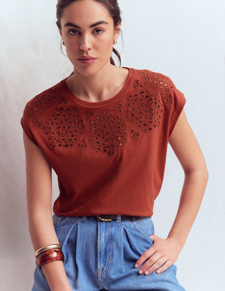 Willow Broderie T-shirt-Burnt Orange