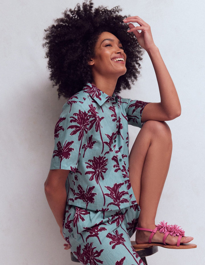 Short Sleeve Linen Shirt-Seamist Blue, Palm Paradise