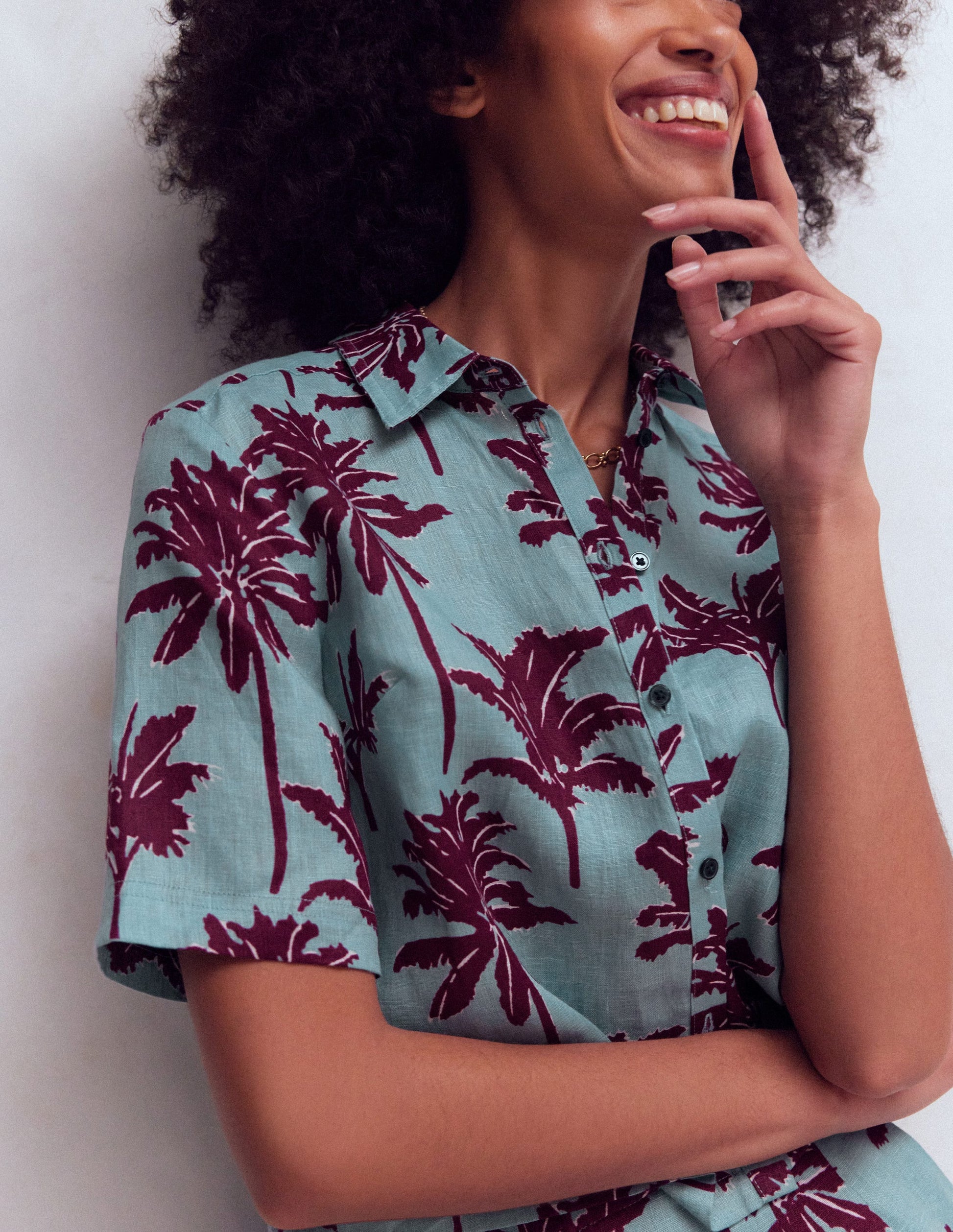 Short Sleeve Linen Shirt-Seamist Blue, Palm Paradise-3