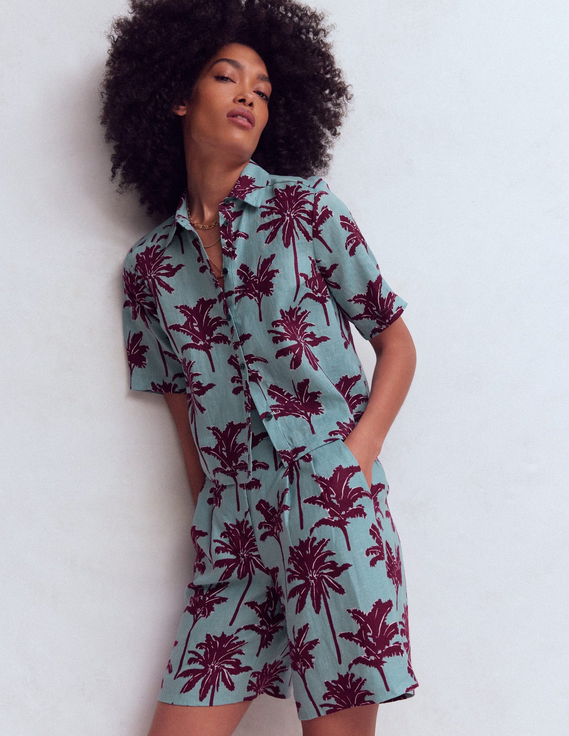 Short Sleeve Linen Shirt-Seamist Blue, Palm Paradise-5