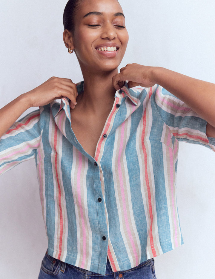 Short Sleeve Linen Shirt-Multi Stripe