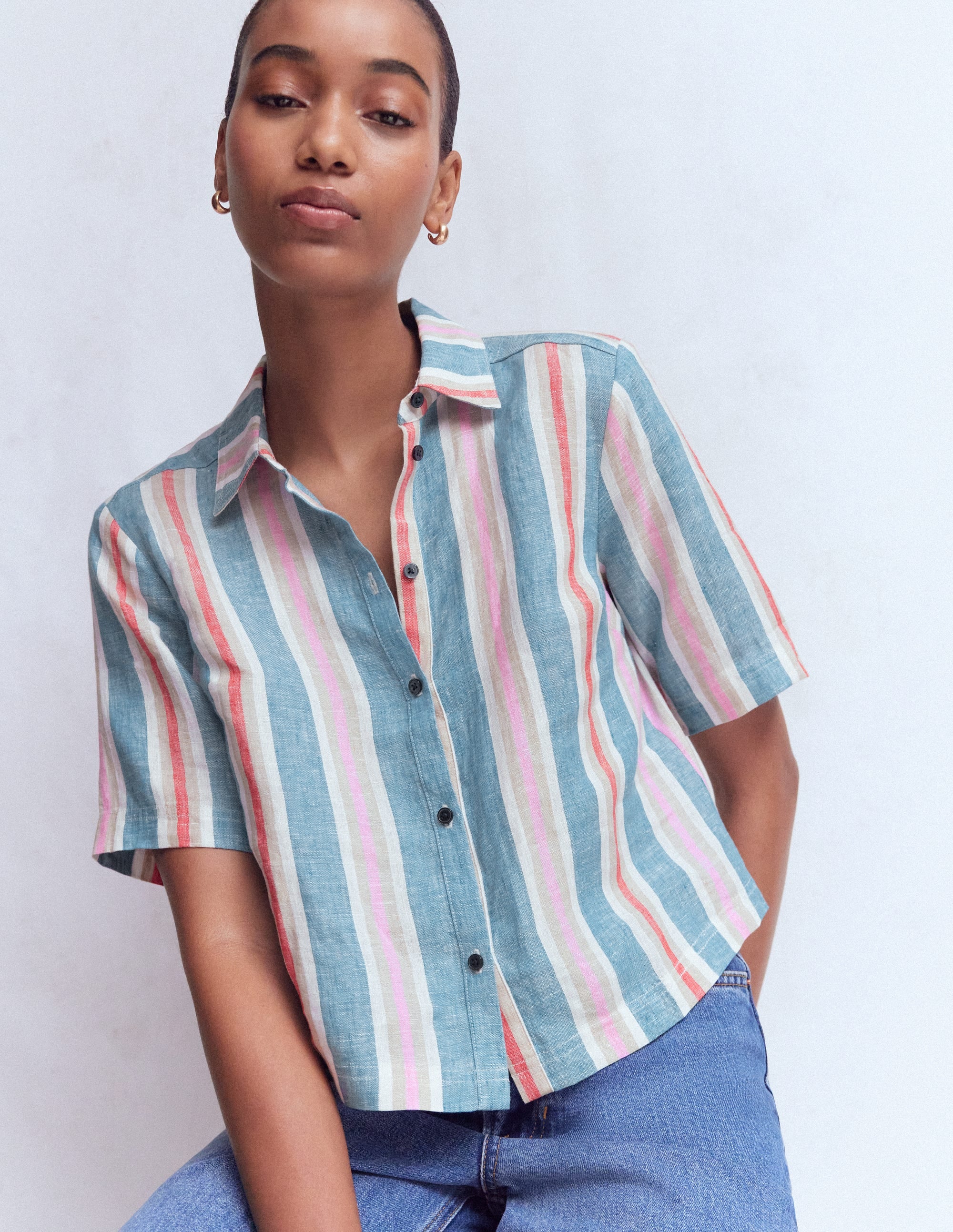 Short Sleeve Linen Shirt-Multi Stripe - Image 4