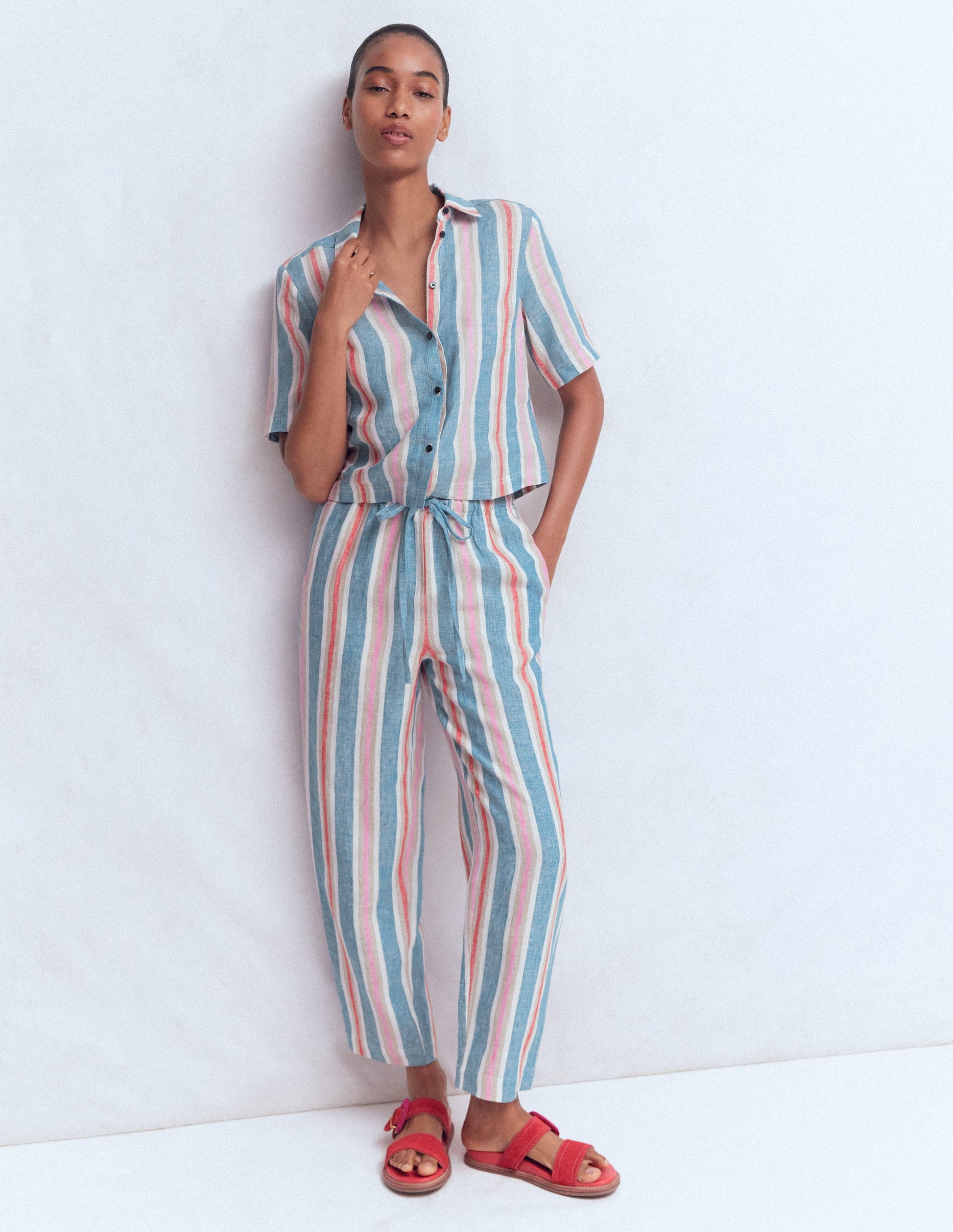 Short Sleeve Linen Shirt-Multi Stripe-5