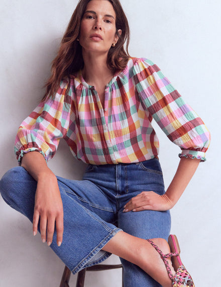 Camille Double Cloth Top-Ivory, Pink, Red Multi Gingham