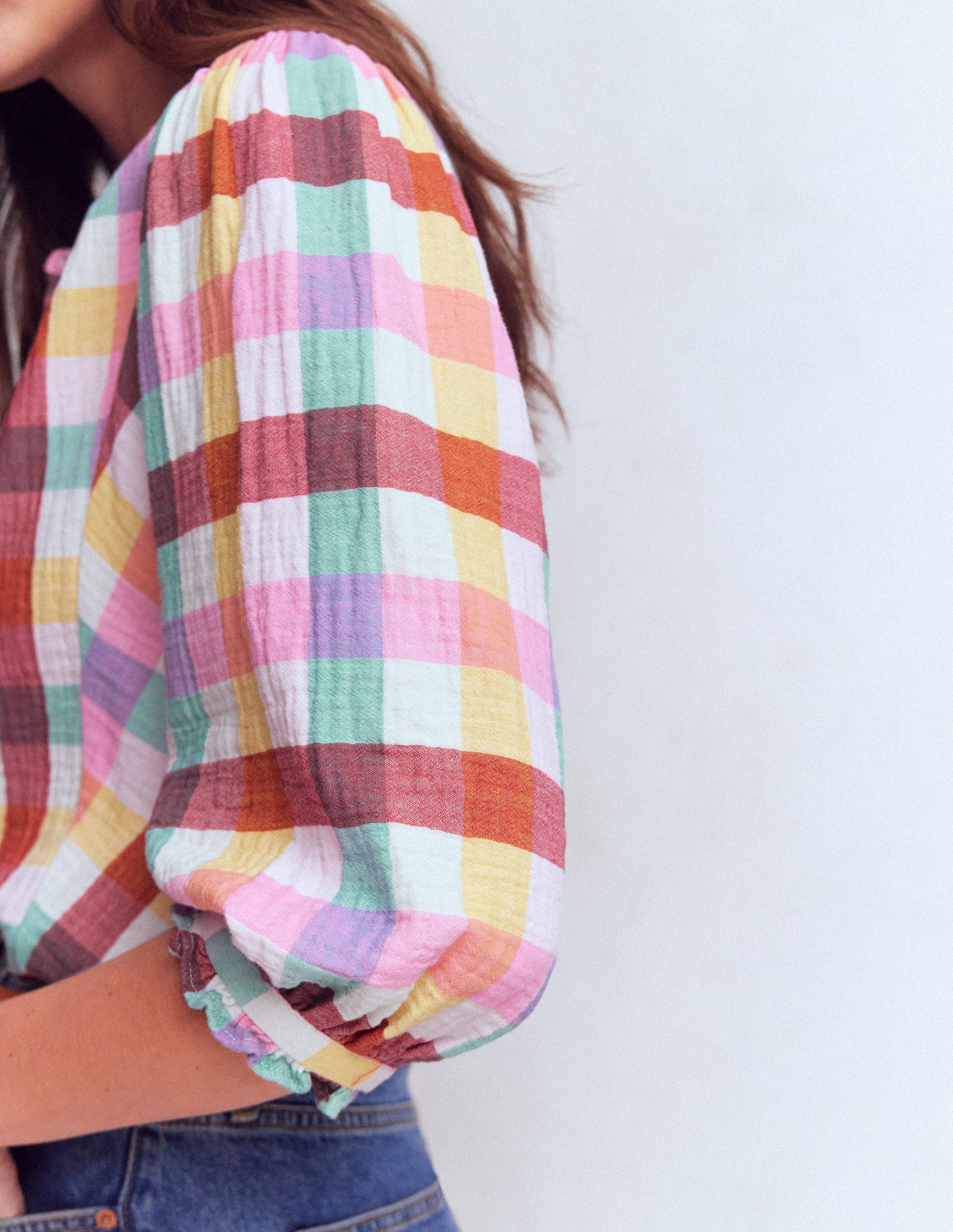 Camille Double Cloth Top-Ivory, Pink, Red Multi Gingham-2