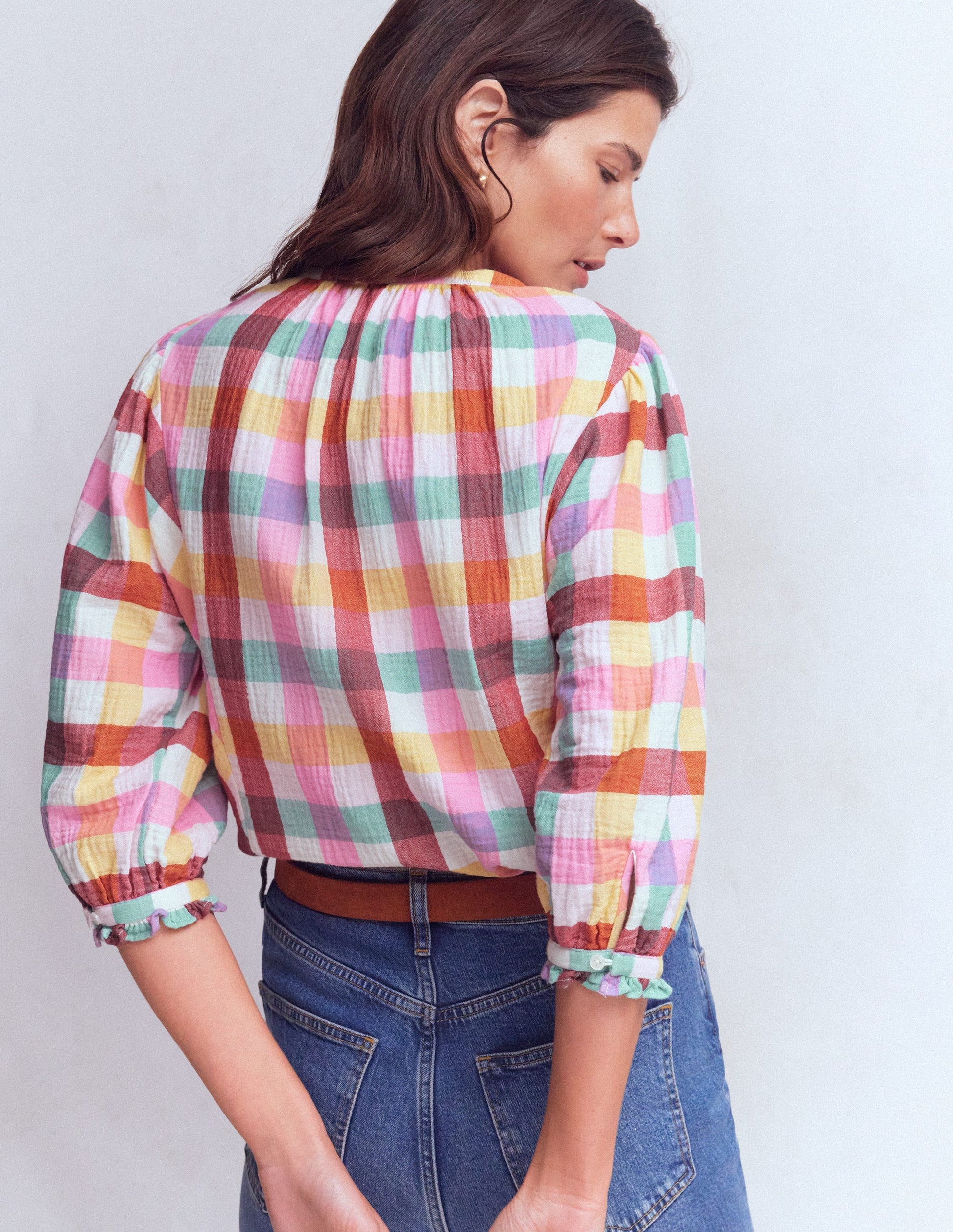 Camille Double Cloth Top-Ivory, Pink, Red Multi Gingham-3