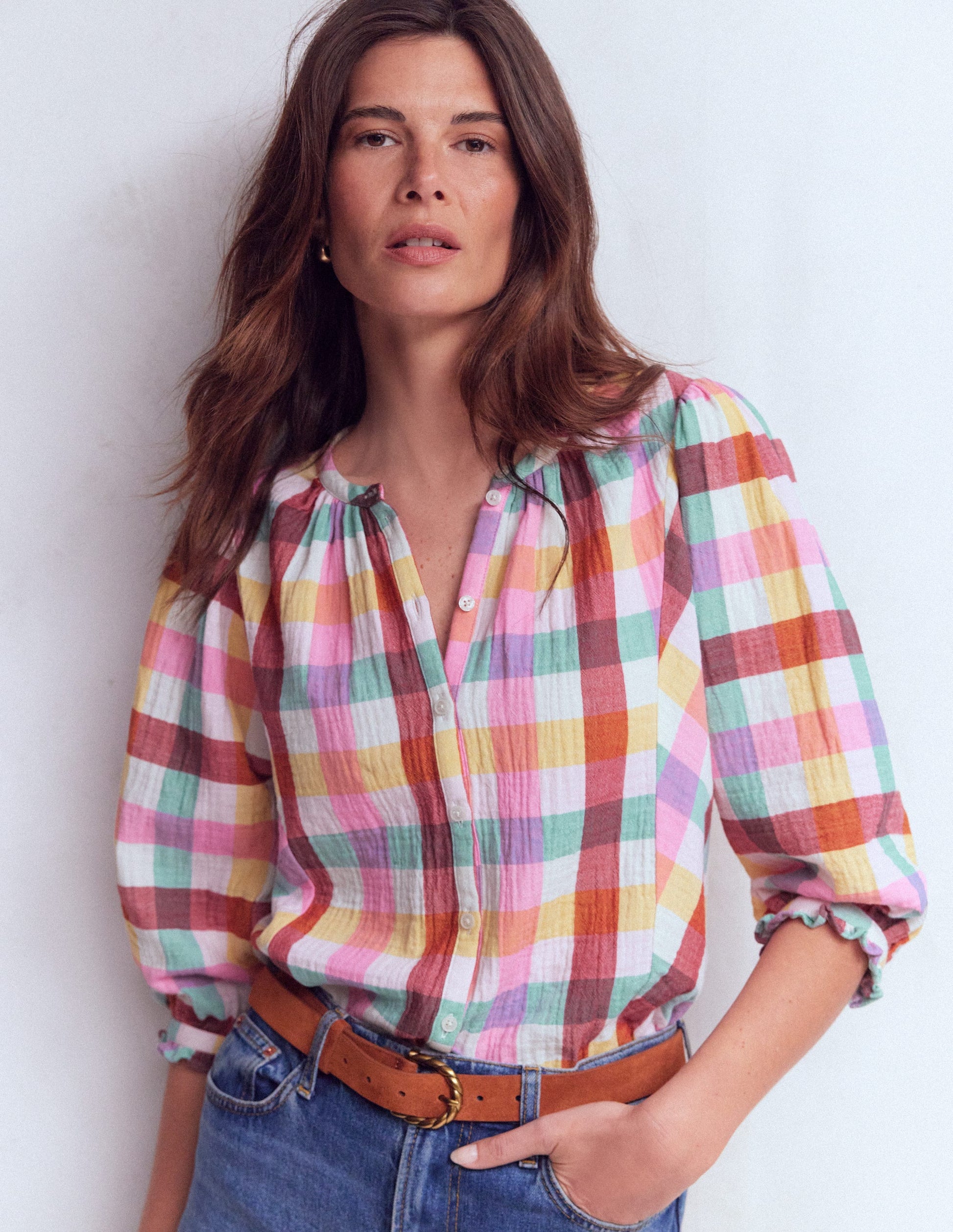 Camille Double Cloth Top-Ivory, Pink, Red Multi Gingham-5