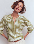 Camille Double Cloth Top-Olive, Ivory Fine Stripe