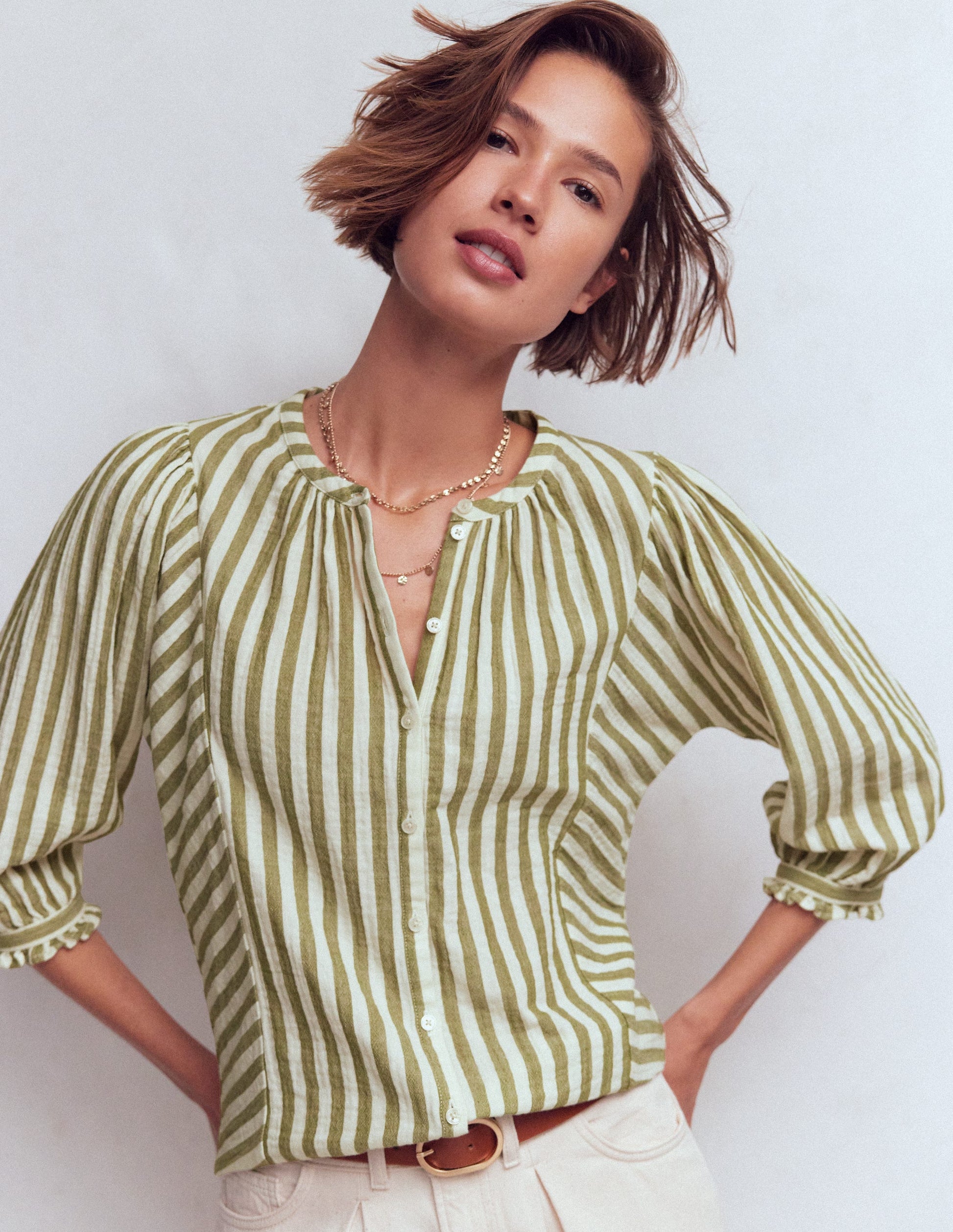 Camille Double Cloth Top-Olive, Ivory Fine Stripe-1