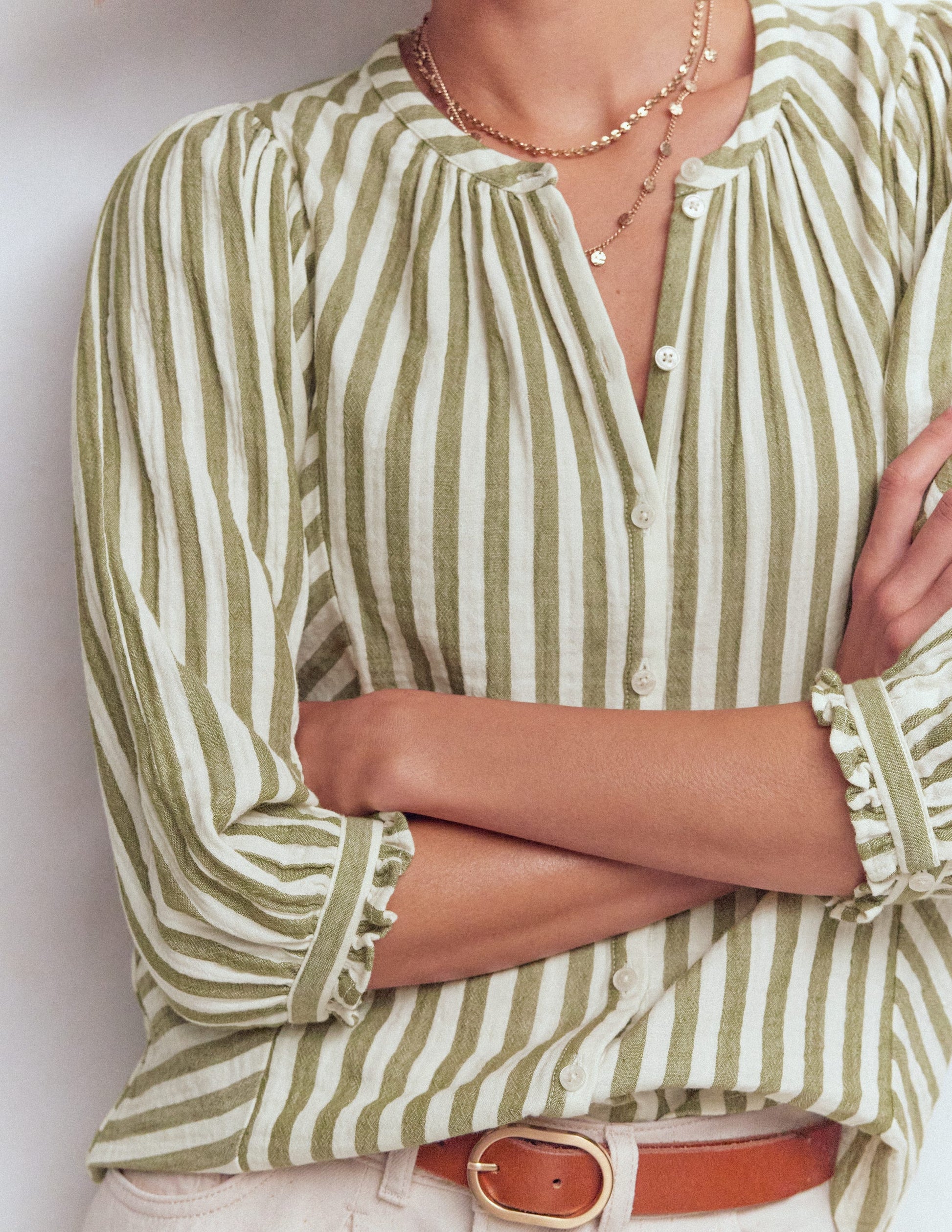 Camille Double Cloth Top-Olive, Ivory Fine Stripe-2
